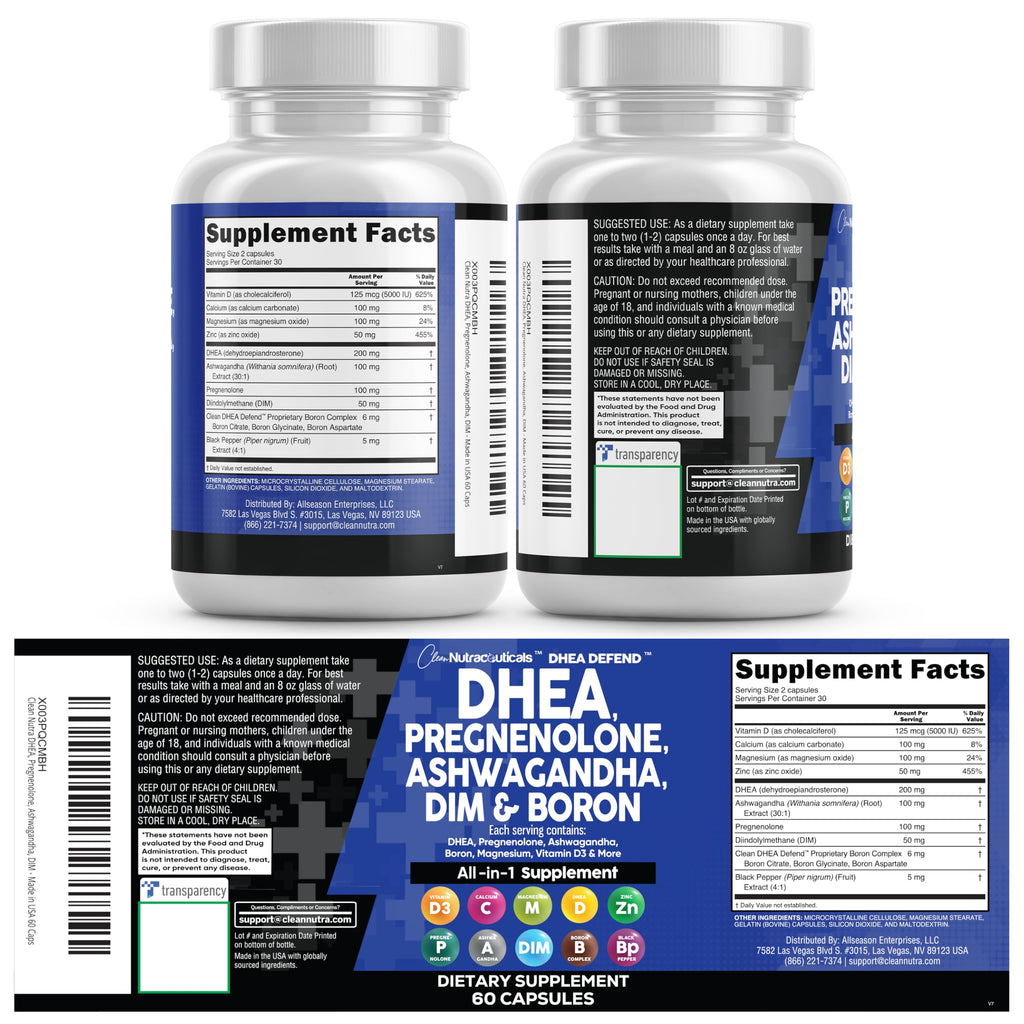 DHEA 200mg Supplement Pregnenolone 100mg for Men & Women with DIM Ashwagandha Boron 6mg Complex Calcium Magnesium Zinc 50mg Vitamin D3 5000 iu Hormone Support Capsules Pills - Made in USA 60 Ct Clean Nutraceuticals Au supplements
