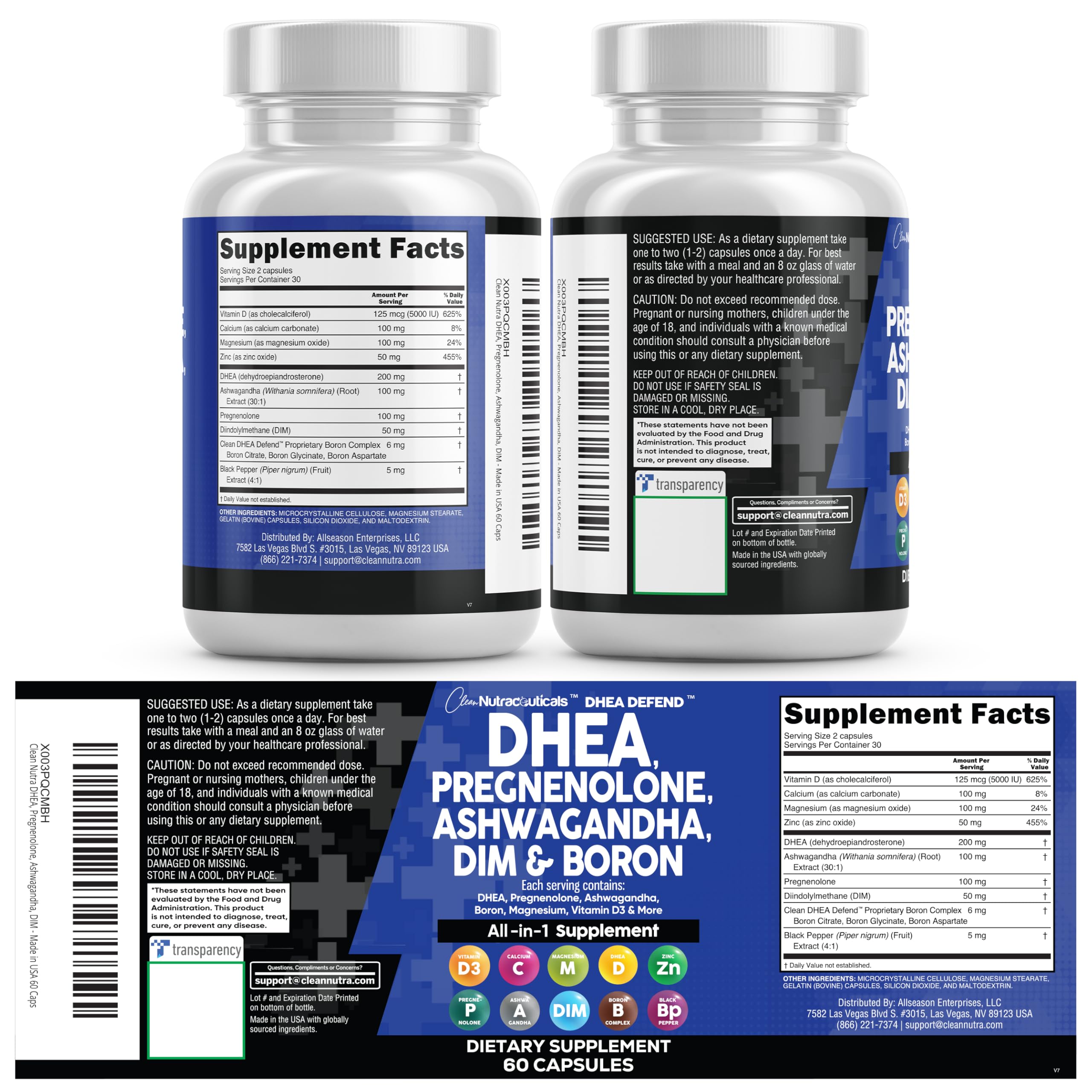 DHEA 200mg Supplement Pregnenolone 100mg for Men & Women with DIM Ashwagandha Boron 6mg Complex Calcium Magnesium Zinc 50mg Vitamin D3 5000 iu Hormone Support Capsules Pills - Made in USA 60 Ct Clean Nutraceuticals Au supplements