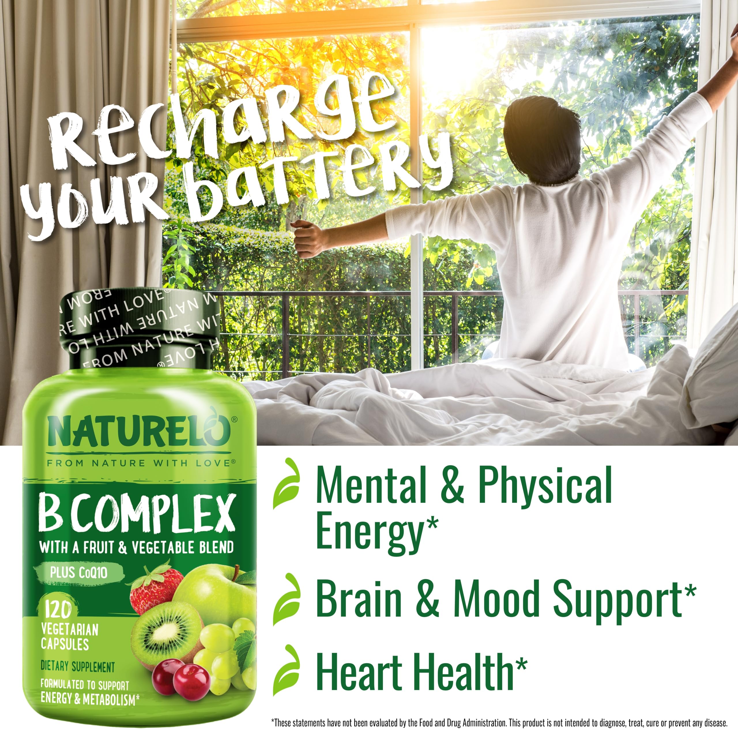 NATURELO Vitamin B Complex,120 Capsules, Vegan, CoQ10, Methyl Folate, Biotin, Fruit & Veg Blend, Supports Energy and Healthy Stress Response