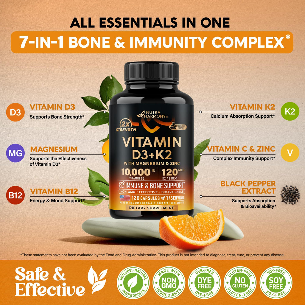 Vitamin D3 K2 - Vitamin D3 10000 iu & K2 as MK-7 120 mcg - Immune & Mood Support, for Bone & Teeth Health - with Magnesium, Zinc & Vitamin C & B12 - Highly Bioavailable