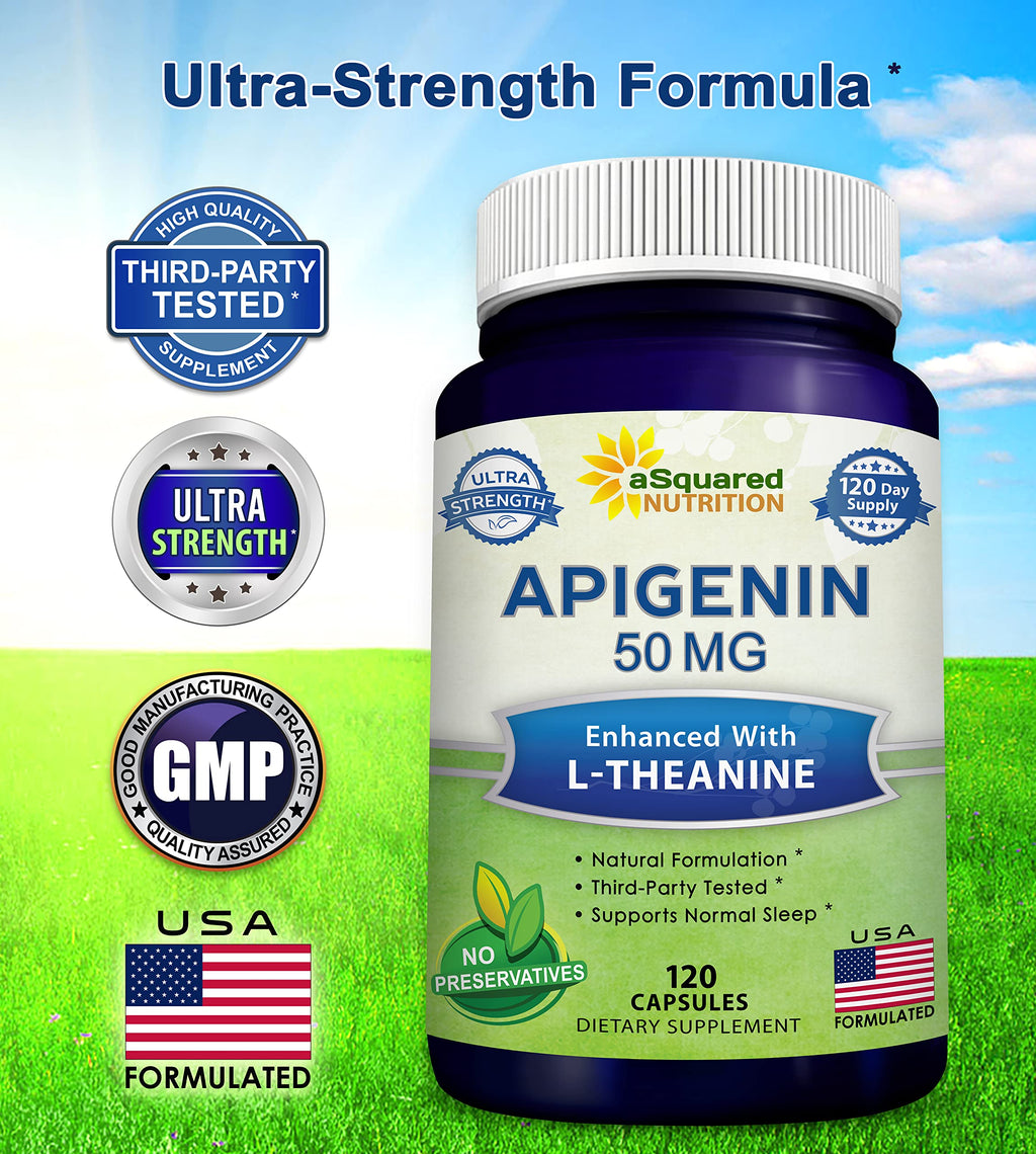 aSquared Nutrition Apigenin 50mg & L-Theanine 200mg - 120 Capsules - Apigenin Supplement Pills for Sleep and Relaxation