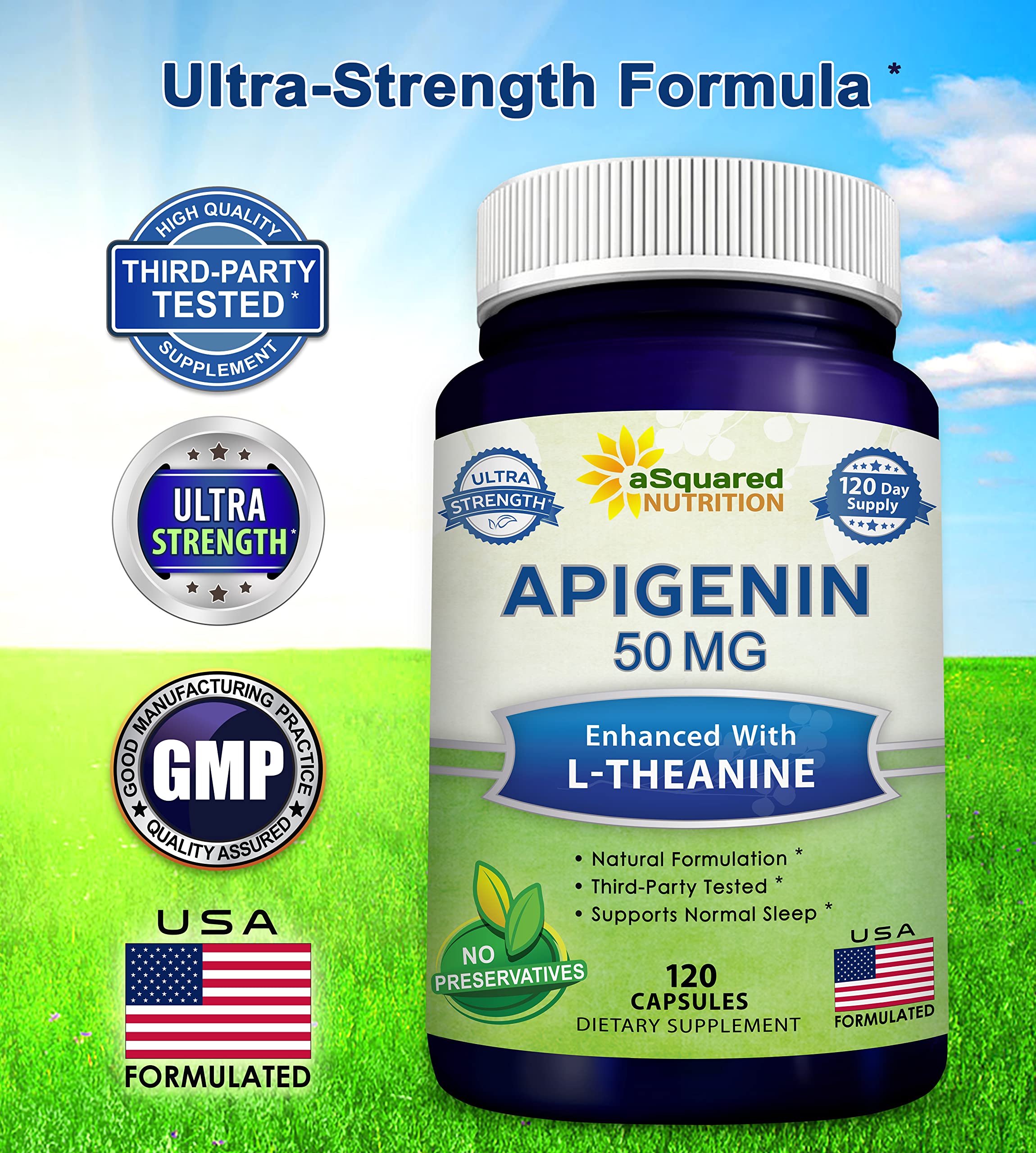 aSquared Nutrition Apigenin 50mg & L-Theanine 200mg - 120 Capsules - Apigenin Supplement Pills for Sleep and Relaxation