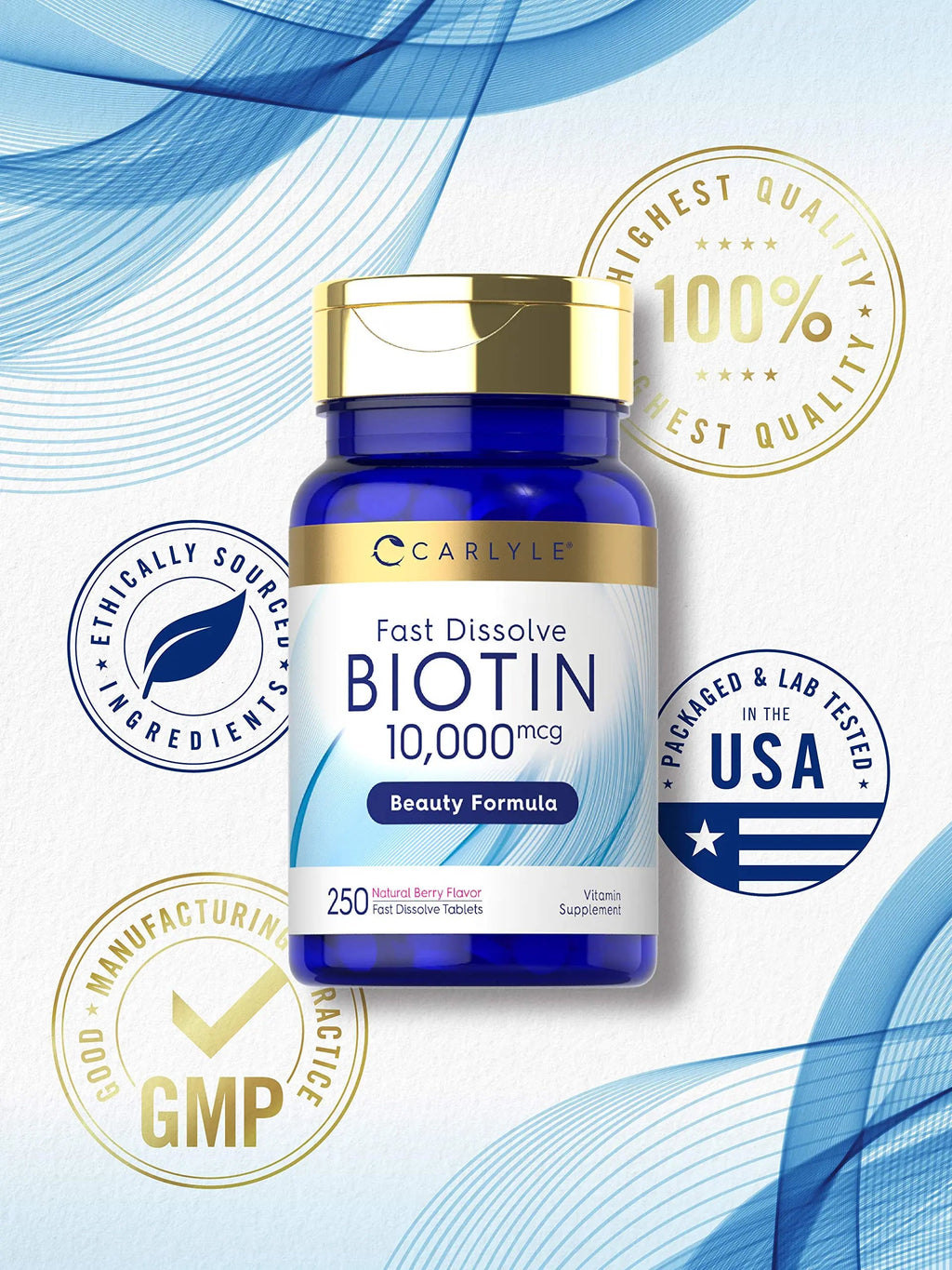 Carlyle Biotin 10000mcg | 250 Fast Dissolve Tablets | Max Strength | Vegetarian, Non-GMO, Gluten Free Supplement Carlyle Au supplements