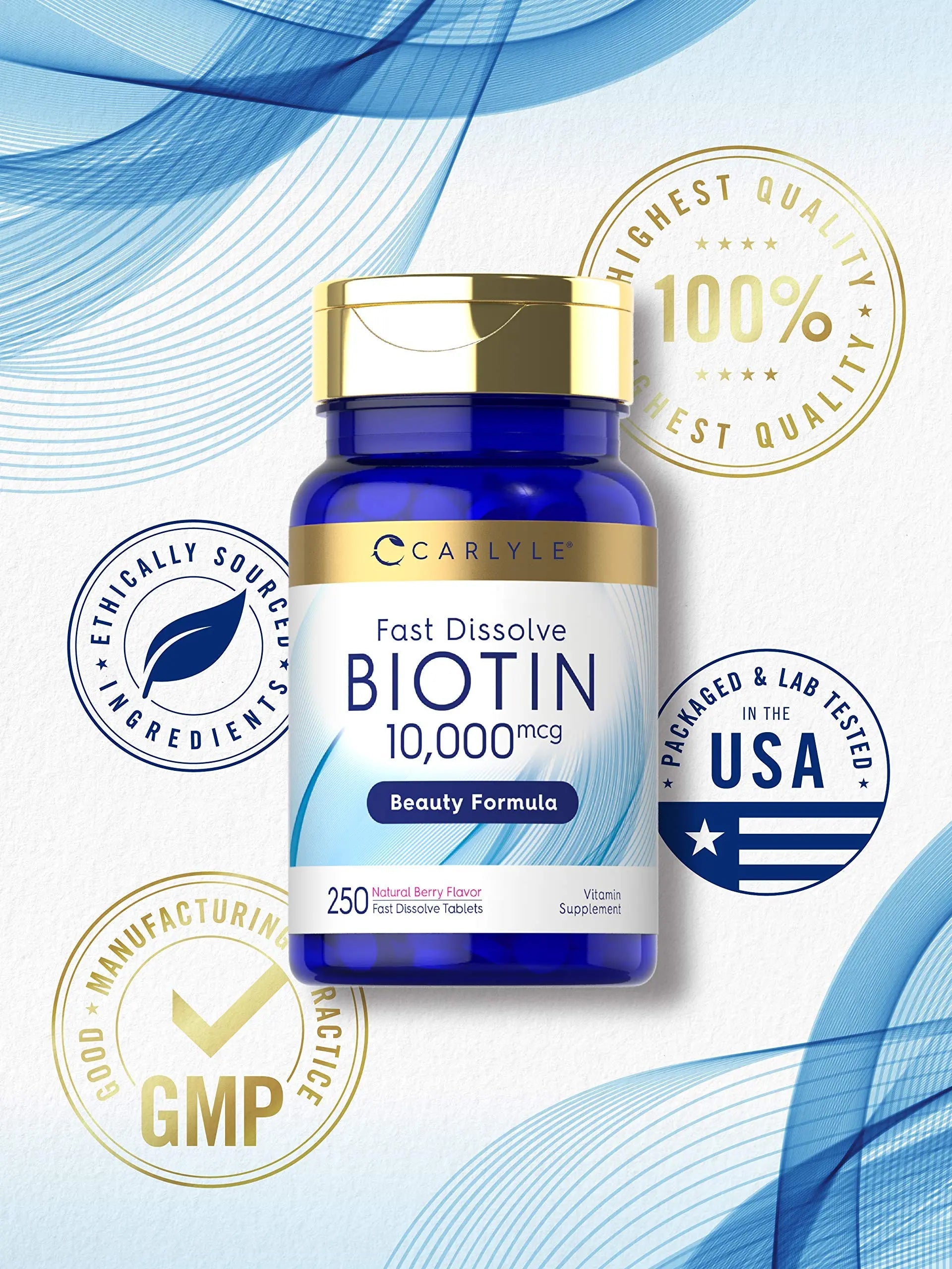 Carlyle Biotin 10000mcg | 250 Fast Dissolve Tablets | Max Strength | Vegetarian, Non-GMO, Gluten Free Supplement Carlyle Au supplements
