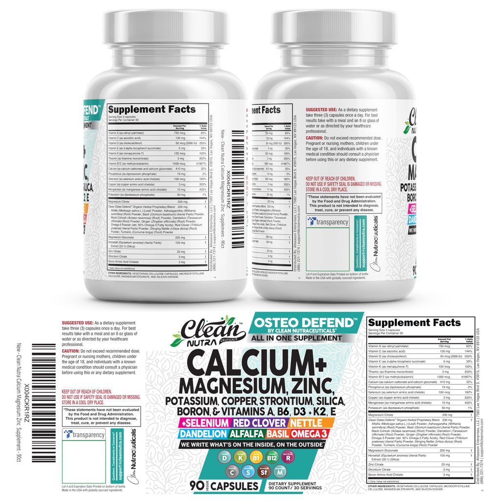 Allin1 Calcium Magnesium Zinc Supplement with Potassium, Copper, Strontium, Silica, Vitamin D3 K2, Boron, Vitamin B1 B12 Red Clover Herb Alfalfa Basil Pills for Men