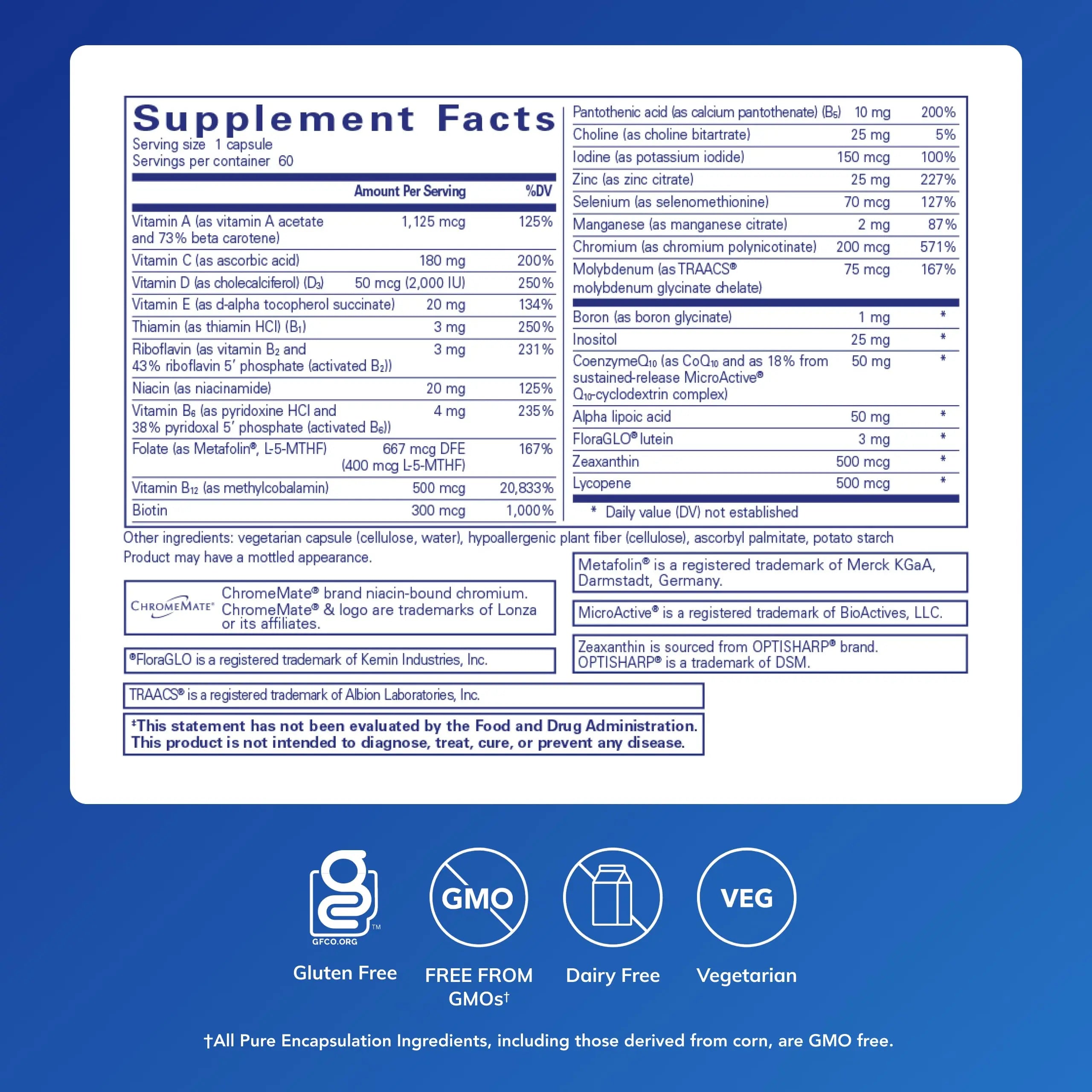 Pure Encapsulations O.N.E. Multivitamin - Once Daily Multivitamin with Antioxidant Complex Metafolin, CoQ10, and Lutein to Support Vision Pure Encapsulations Au supplements