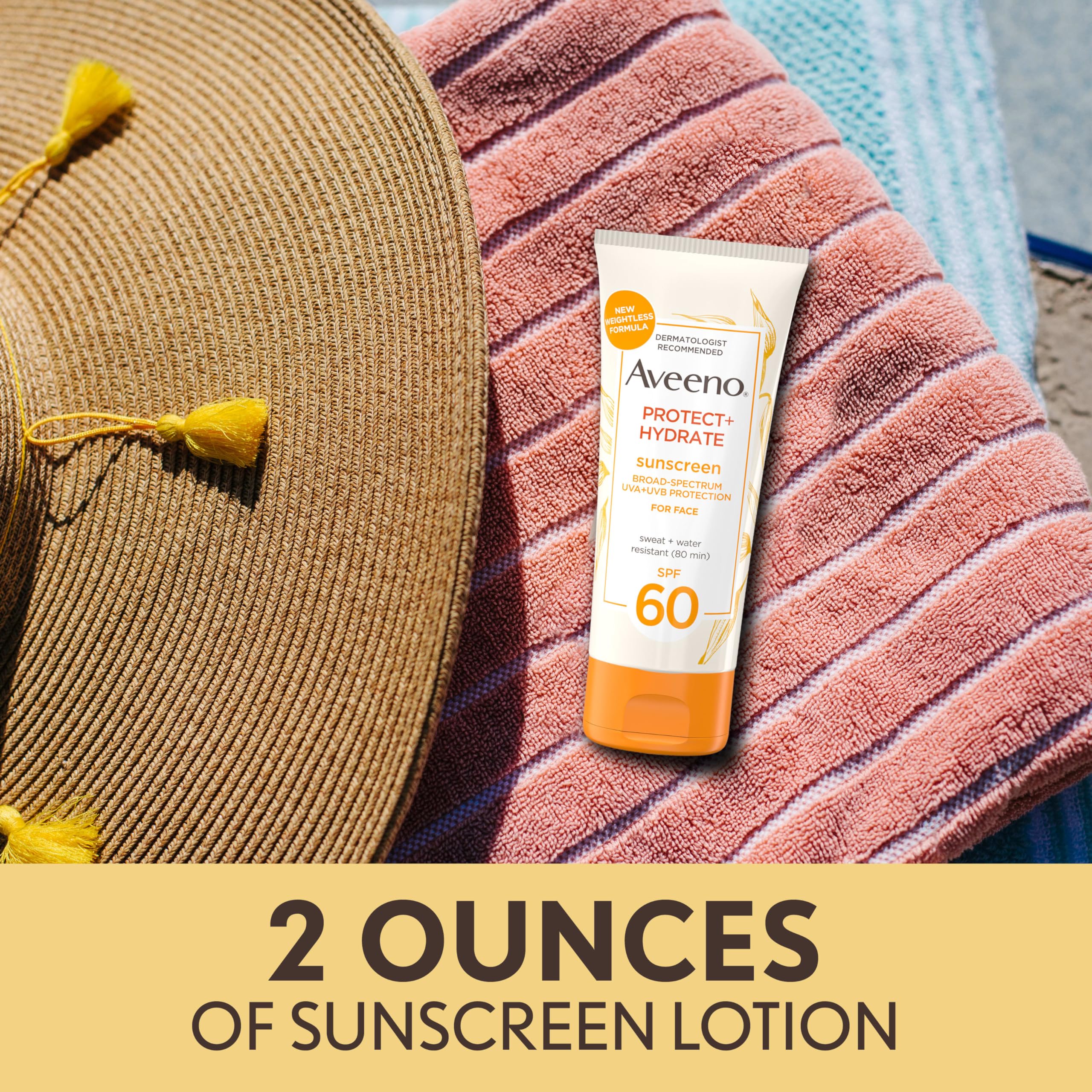 Aveeno Protect + Hydrate Face Sunscreen, SPF 60 Broad Spectrum, for Sensitive Skin, Travel Size, Water Resistant