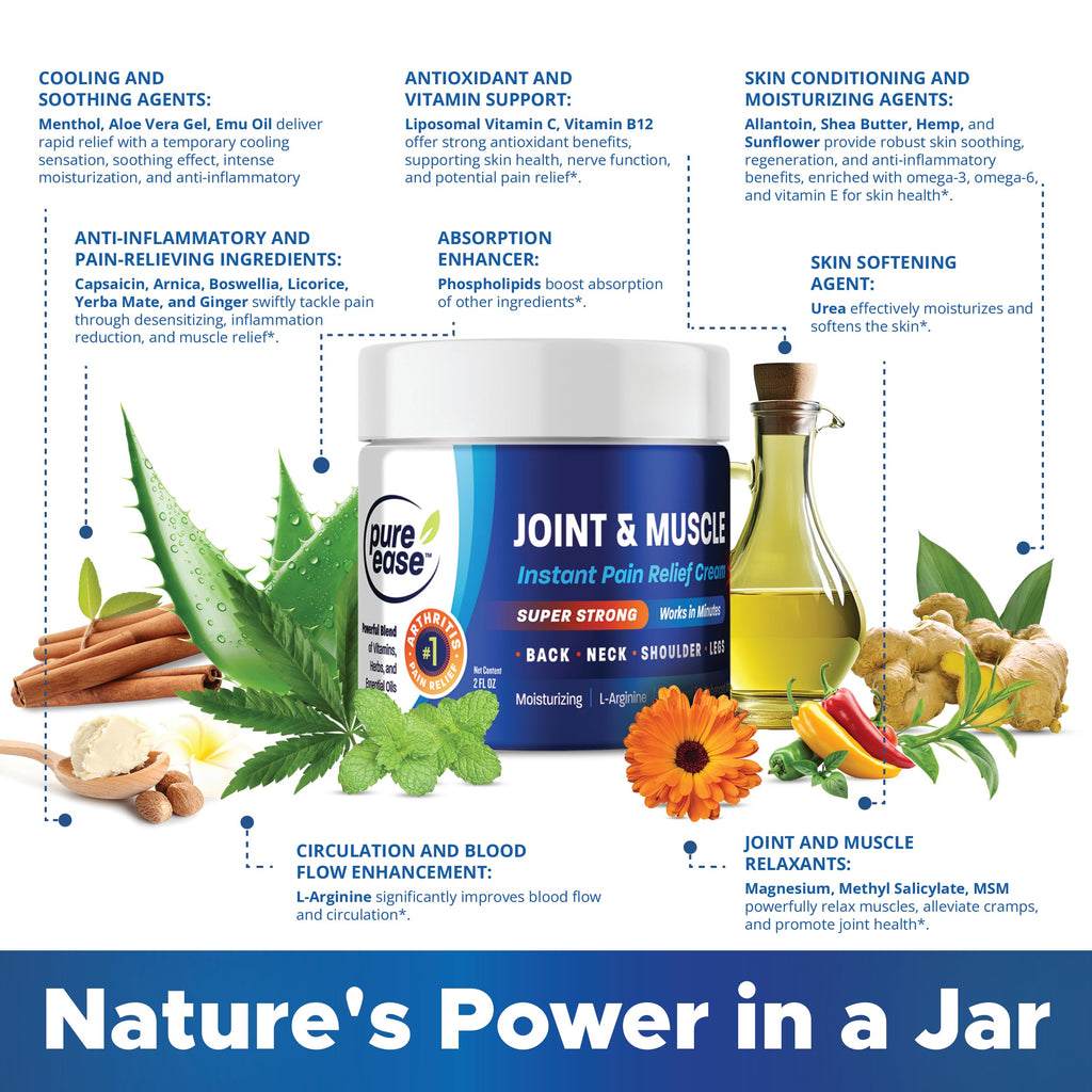 Pure Ease Arthritis Pain Relief Cream for Back 3 in 1 Maximum Instant Relief 2 OZ - Fast-Acting Muscle Pain Cream Extra Strength Joint & Knee - Powerful Formula for Neck Shoulder & Lower Back Pure Ease Au supplements