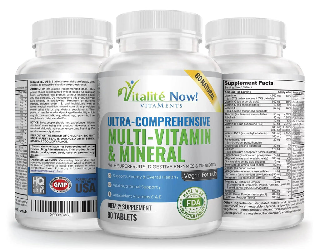 Vegan Whole Food Multivitamin & Mineral - Vitamins A B1 B2 B6 B12 C D3 E & 110 Super Foods, Herbs, Greens & Reds Vitalité Now! Au supplements