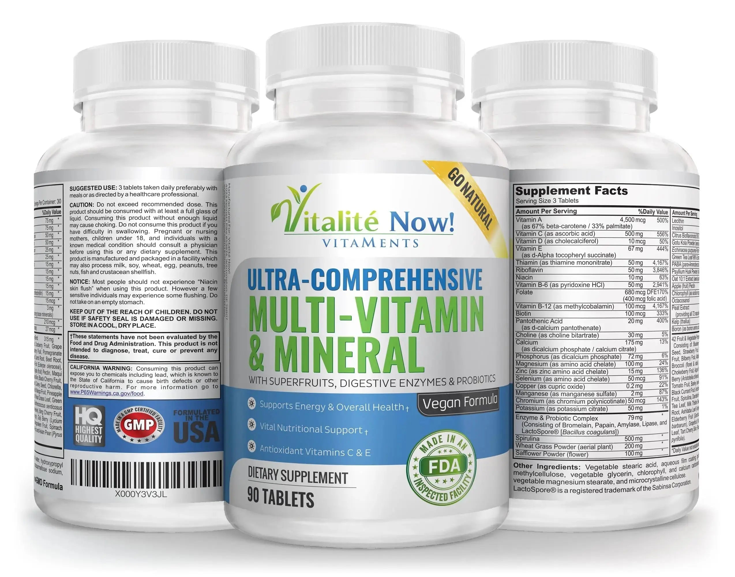 Vegan Whole Food Multivitamin & Mineral - Vitamins A B1 B2 B6 B12 C D3 E & 110 Super Foods, Herbs, Greens & Reds Vitalité Now! Au supplements