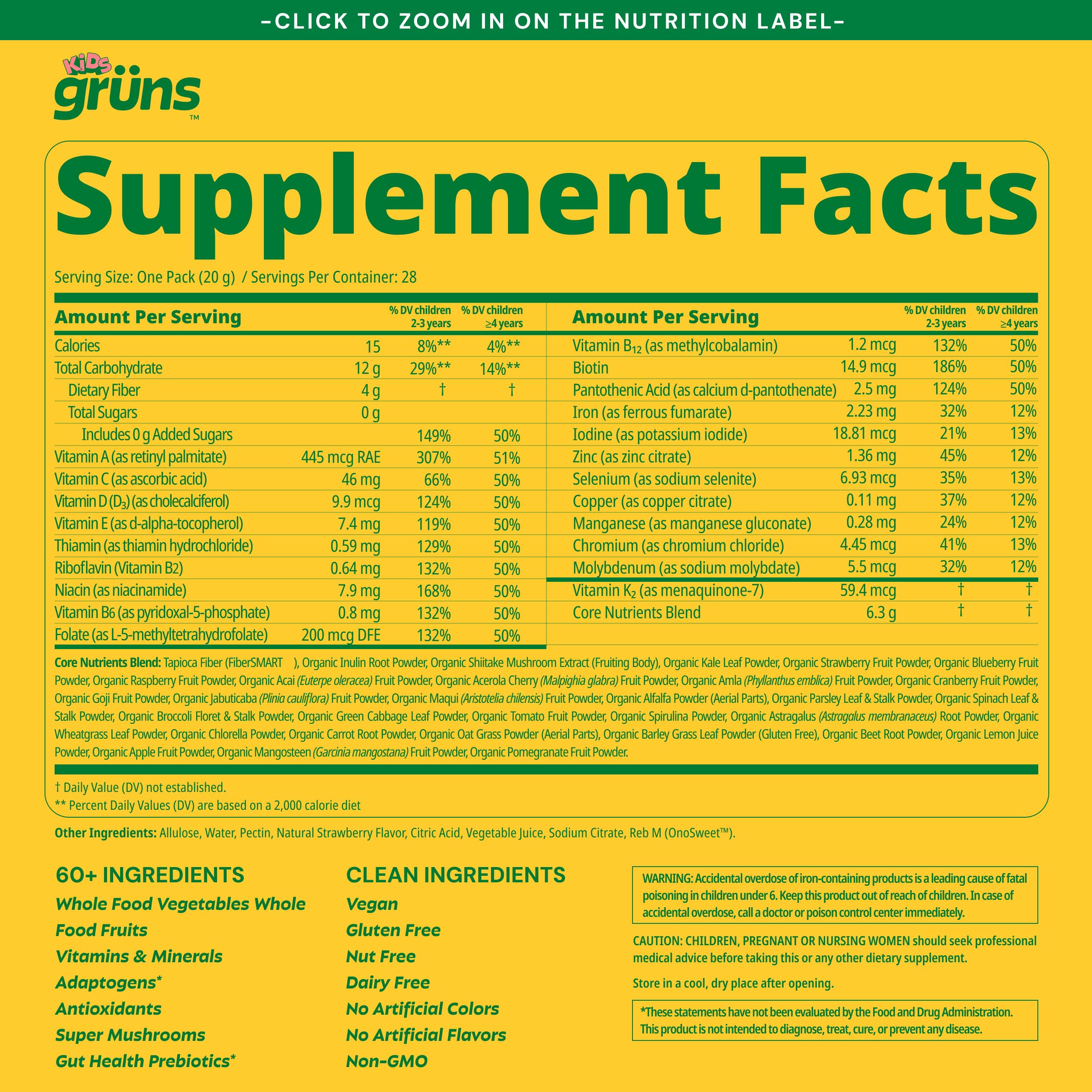 Gruns Multivitamin for Kids, Super Greens Gummies, Superfood Gummy Bears with 20+ Vitamins & Minerals, Spirulina, Chlorella, Alfalfa, Prebiotics Fiber for Digestive Health