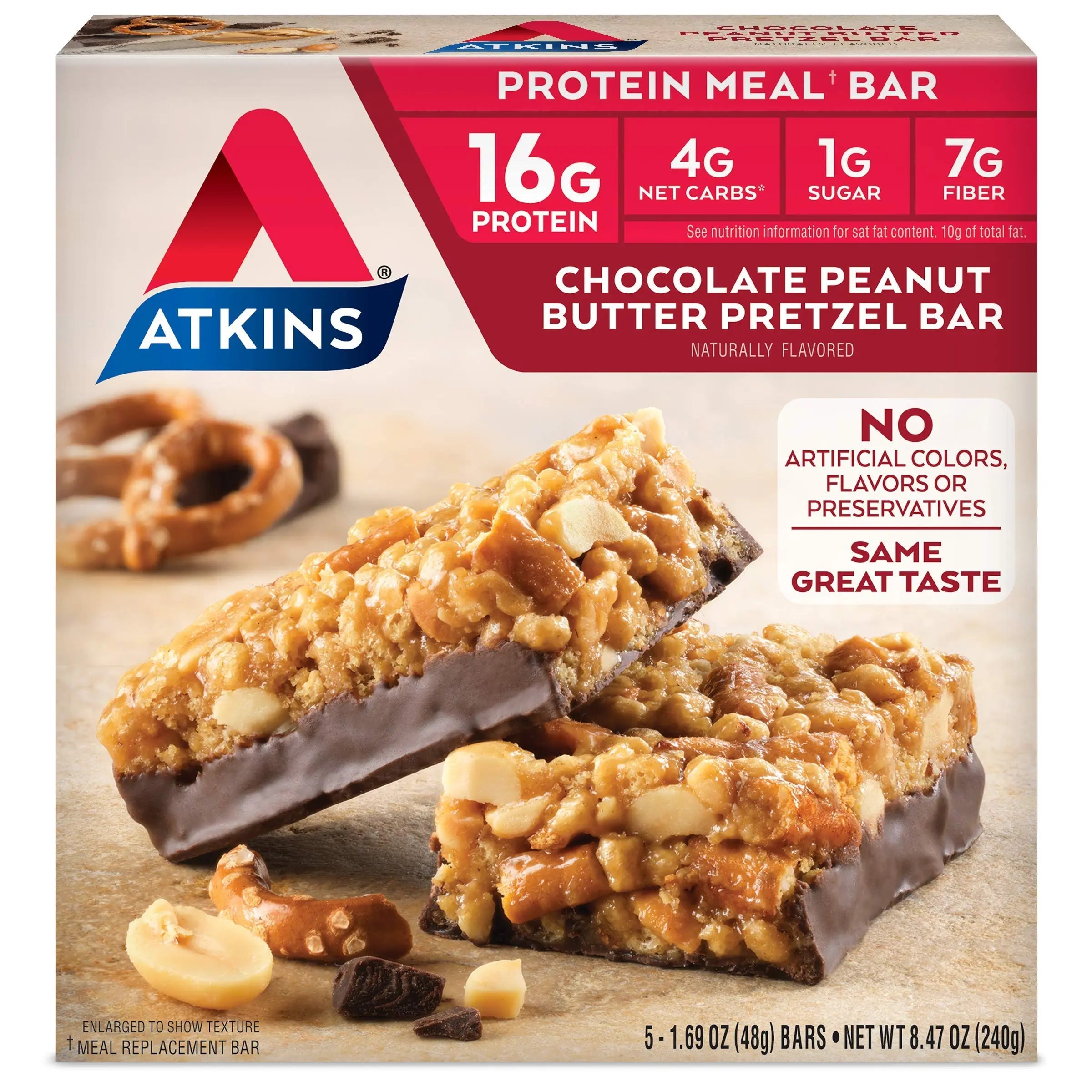 Atkins Chocolate Peanut Butter Pretzel Protein Meal Bar, High Fiber, 16g Protein, 1g Sugar Atkins Au supplements