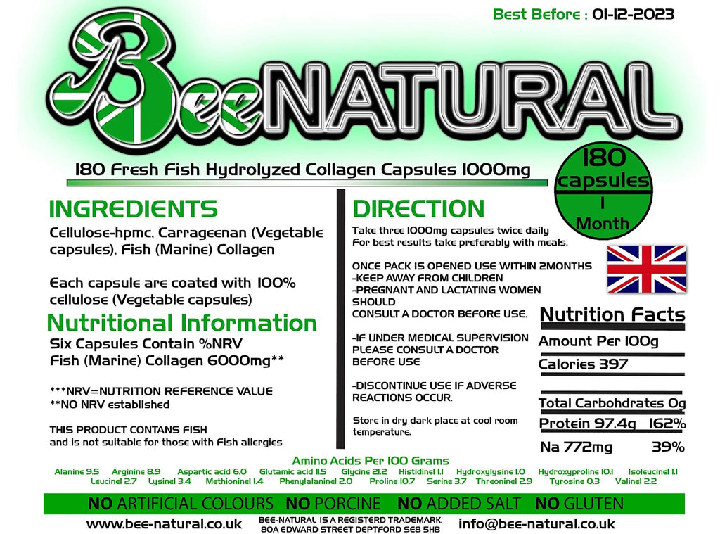 Bee-natural Pure Marine Hydrolyzed Collagen 1000mg 180 Capsules (1 Month Supply) Bee-natural Au supplements