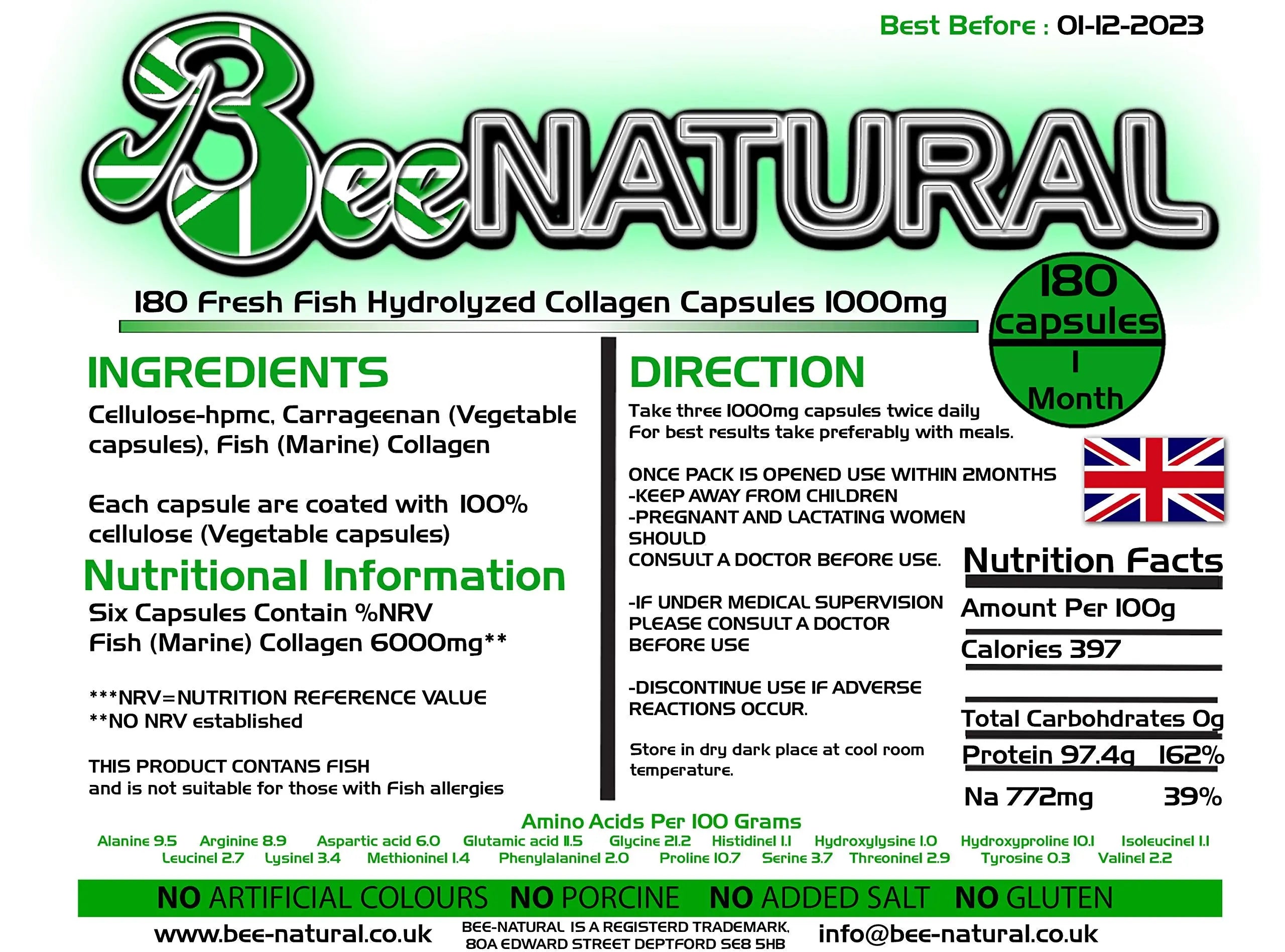 Bee-natural Pure Marine Hydrolyzed Collagen 1000mg 180 Capsules (1 Month Supply) Bee-natural Au supplements