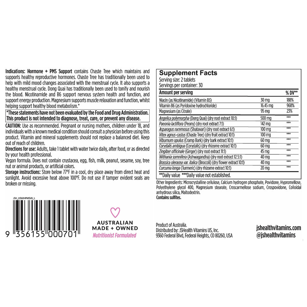 JSHealth Vitamins Hormone Balance for Women and PMS Support Supplement - Premenstrual Symptom Relief with Vitamins B3, B6 & Magnesium (60) JSHealth Au supplements