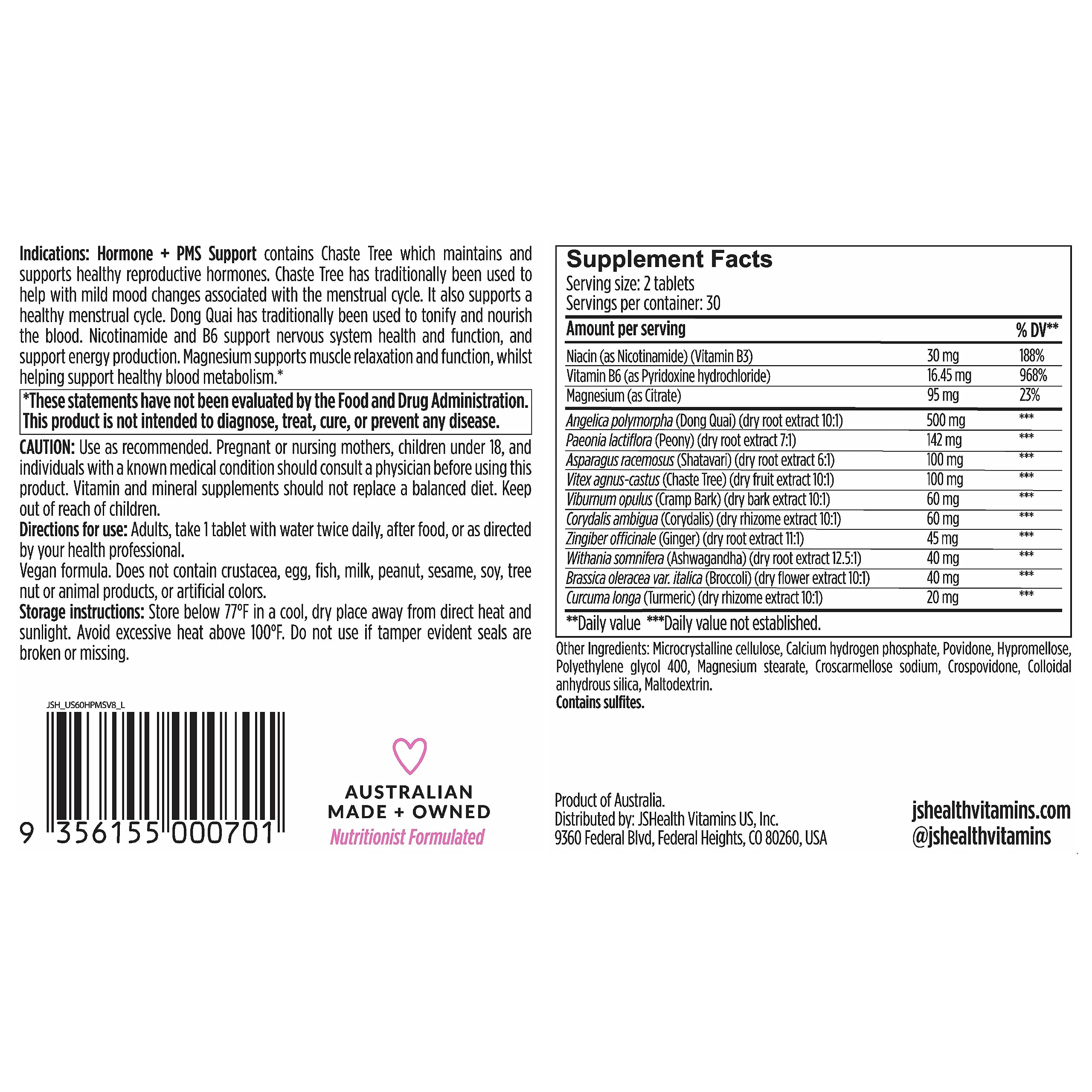 JSHealth Vitamins Hormone Balance for Women and PMS Support Supplement - Premenstrual Symptom Relief with Vitamins B3, B6 & Magnesium (60) JSHealth Au supplements