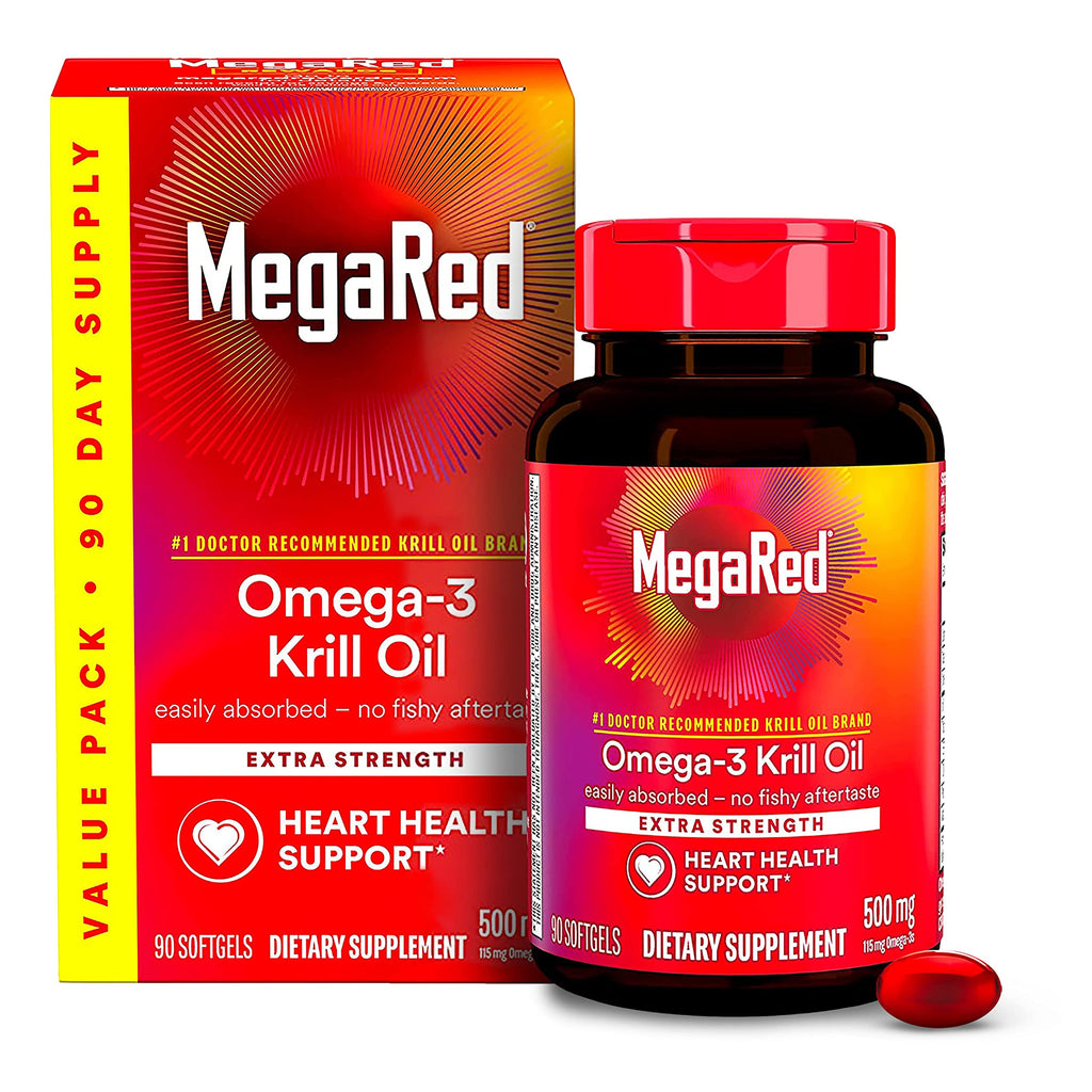 MegaRed Antarctic Krill Oil 500mg Omega 3 Fatty Acid Supplement, Extra Strength EPA & DHA Krill Oil Softgels (90cnt Box), Astaxanthin