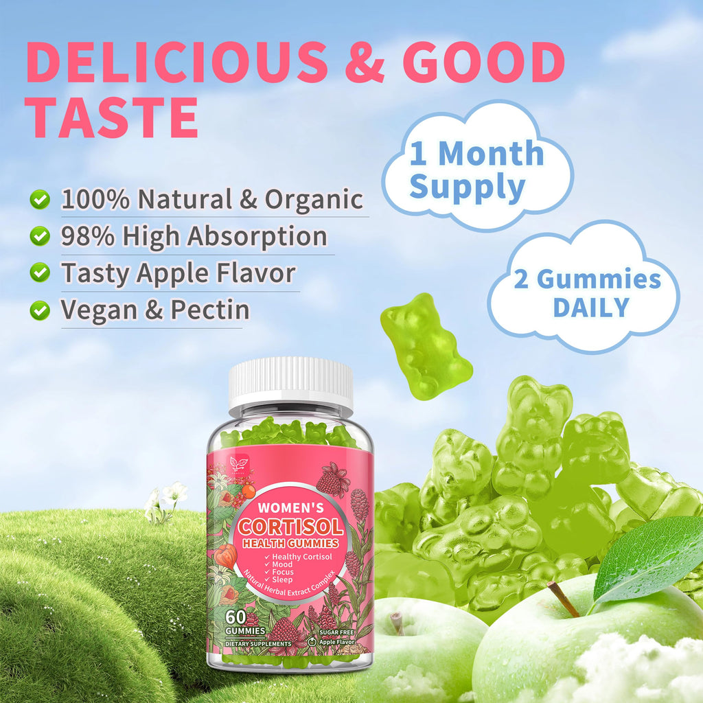 Cortisol Gummies for Women,Cortisol Manager with Ashwagandha,Magnesium,L-theanine,Phosphatidylserine,Rhodiola Rosea,Black Pepper for Mood Support,Adrenal Balance,Sleep,Vegan,Apple Flavor,60 Count Hudetex Au supplements