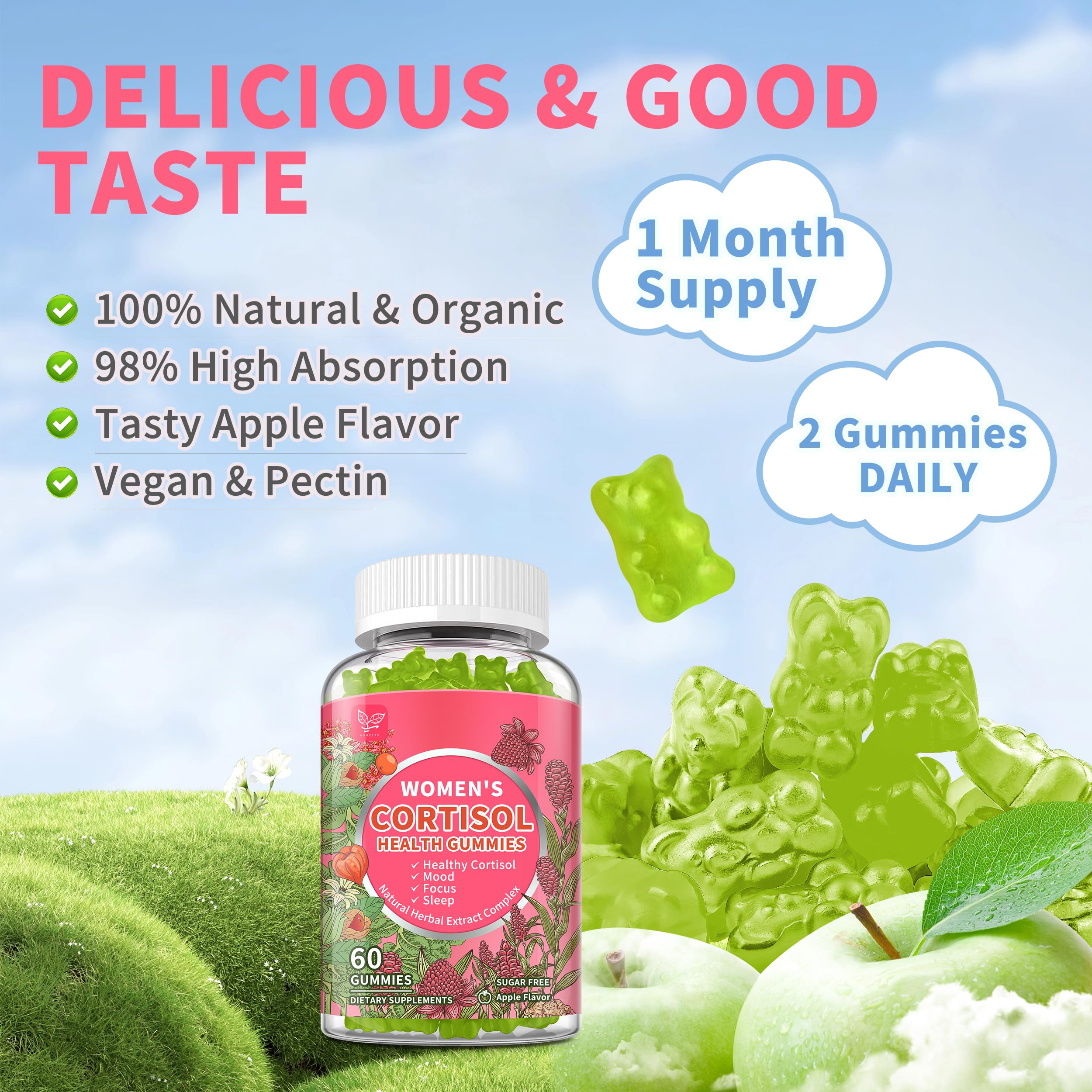 Cortisol Gummies for Women,Cortisol Manager with Ashwagandha,Magnesium,L-theanine,Phosphatidylserine,Rhodiola Rosea,Black Pepper for Mood Support,Adrenal Balance,Sleep,Vegan,Apple Flavor,60 Count Hudetex Au supplements