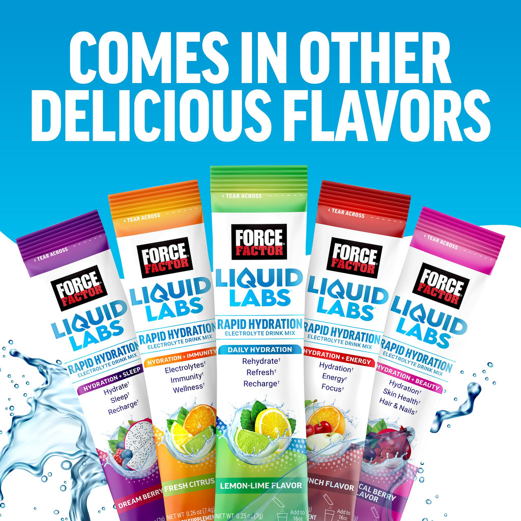 Force Factor Liquid Labs Electrolytes Powder Packets—Lemon Lime—Hydration Packets to Make Electrolyte Water with 5 Essential Electrolytes, Vitamins, Minerals