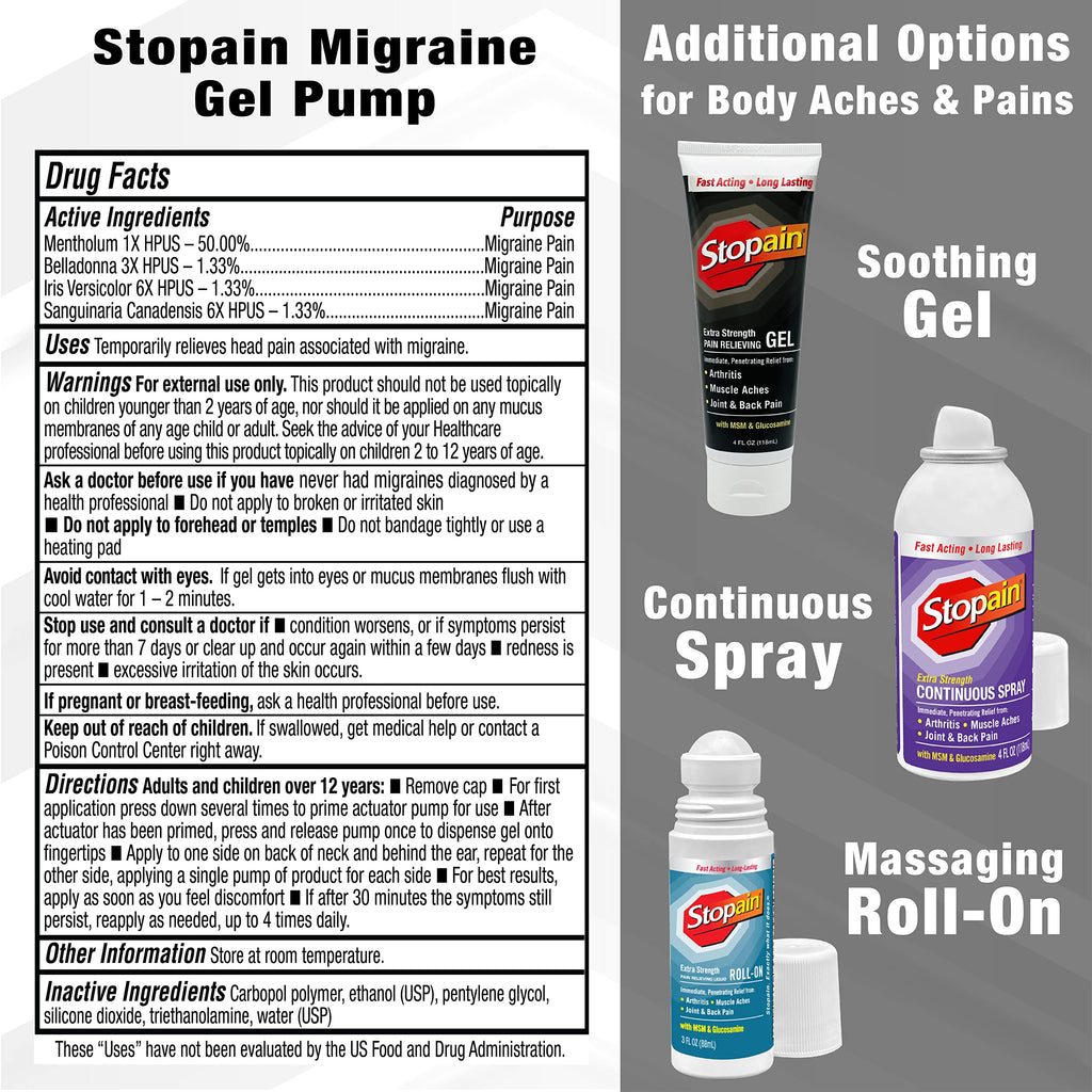Stopain Migraine Pain Relief Gel Pump, 1.62oz, USA Made, Max Strength Fast Acting Research Proven Topical Effective at Any Stage, No Known Side Effects or Drug Interactions, HSA FSA Approved Products Stopain Au supplements