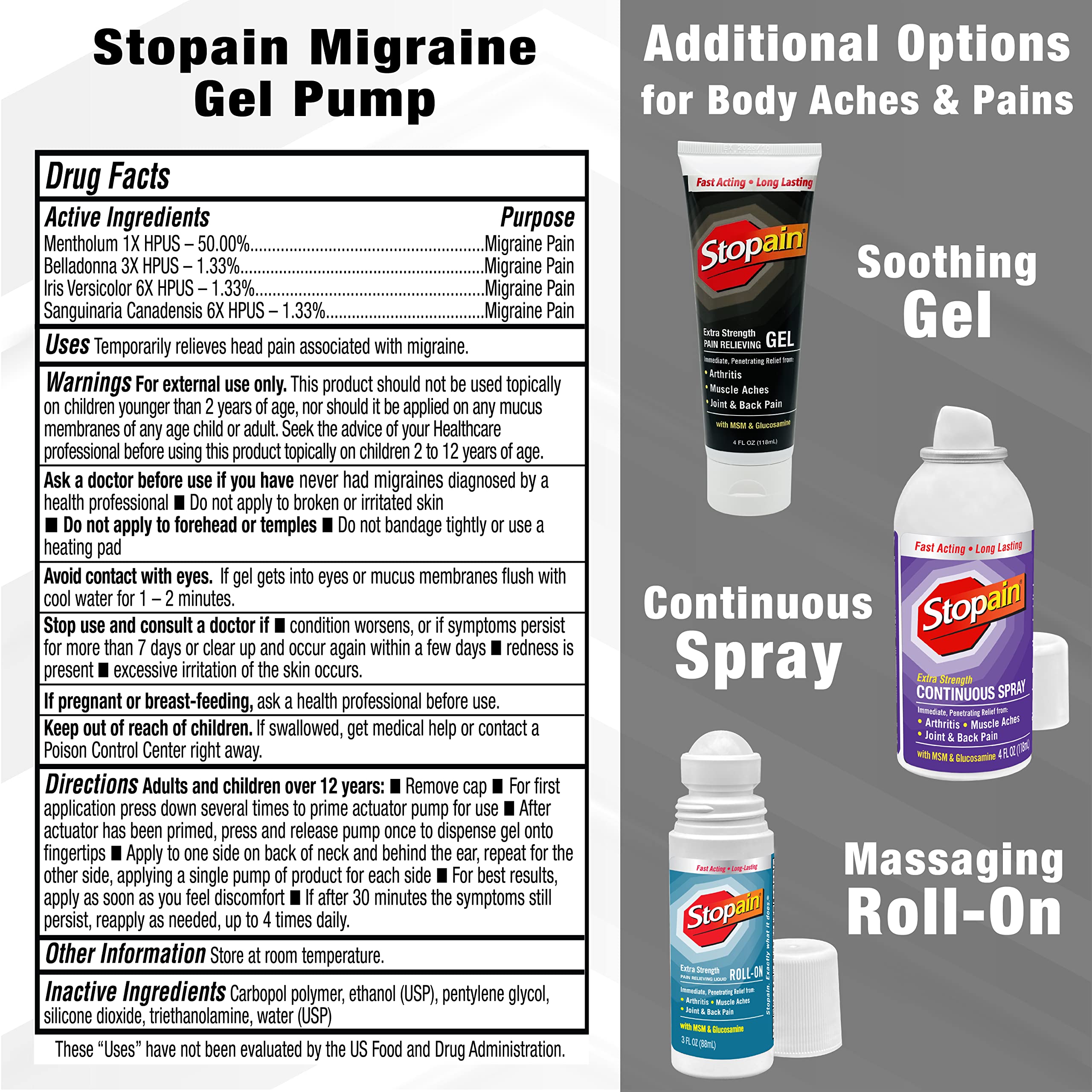 Stopain Migraine Pain Relief Gel Pump, 1.62oz, USA Made, Max Strength Fast Acting Research Proven Topical Effective at Any Stage, No Known Side Effects or Drug Interactions, HSA FSA Approved Products Stopain Au supplements