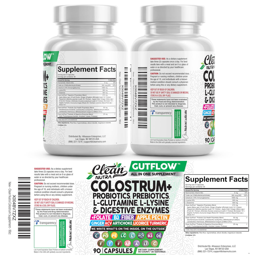 Clean Nutraceuticals Colostrum Supplement Capsules Probiotics Pills Prebiotics, L-Glutamine, Digestive Enzymes, Folate, Fiber, ACV, Turmeric, Apple Pectin and Turmeric Pills