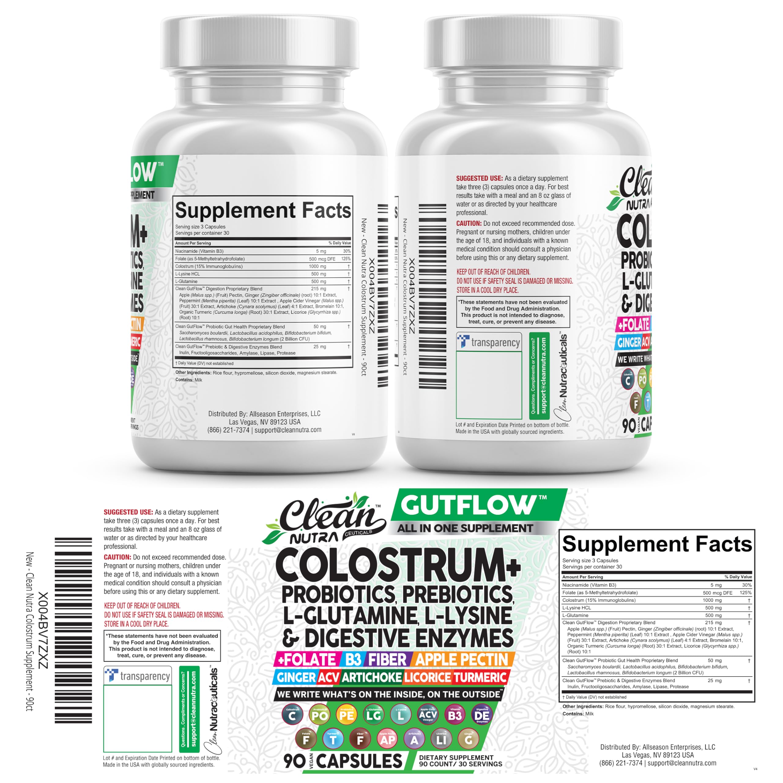Clean Nutraceuticals Colostrum Supplement Capsules Probiotics Pills Prebiotics, L-Glutamine, Digestive Enzymes, Folate, Fiber, ACV, Turmeric, Apple Pectin and Turmeric Pills
