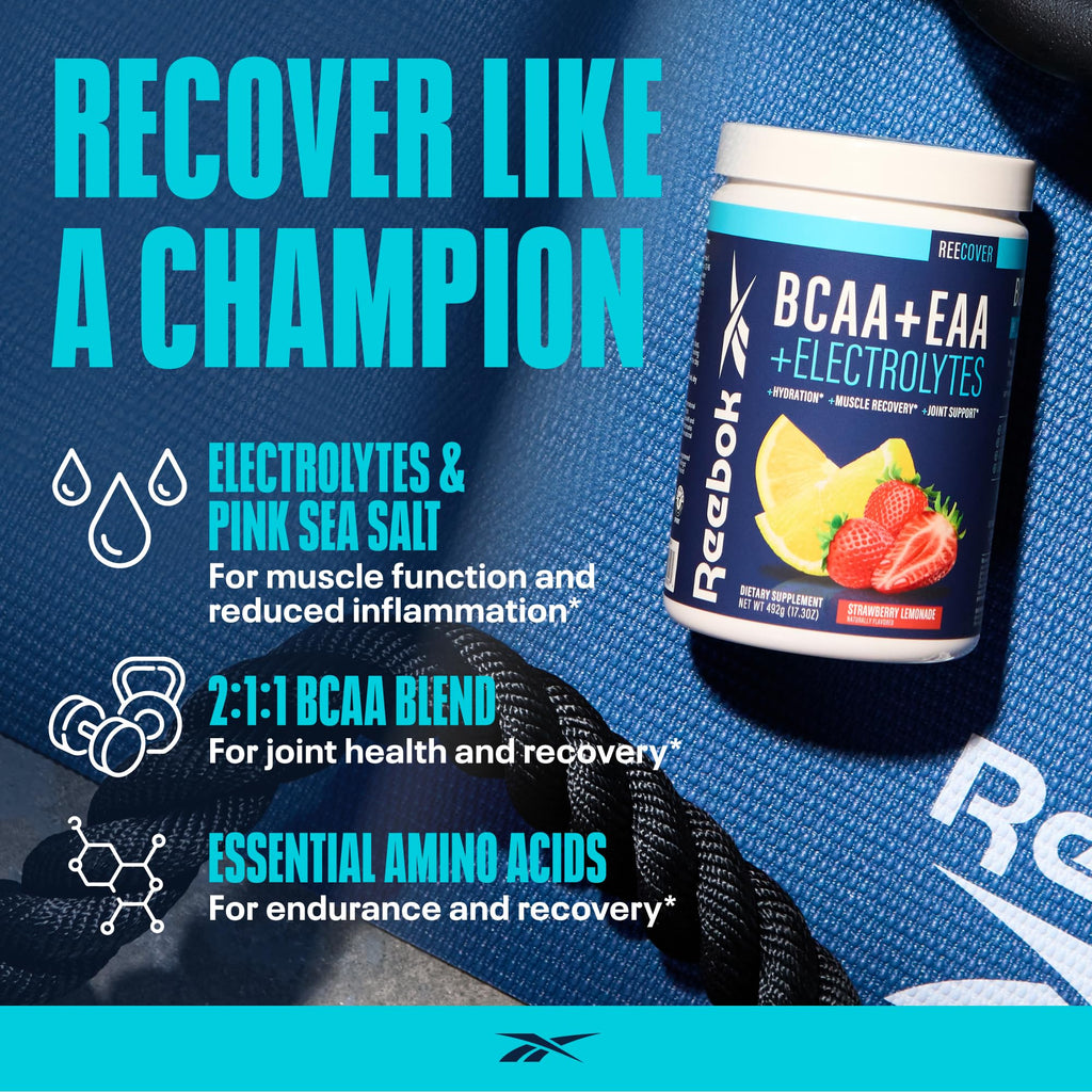 Reebok REEcover Amino Acids + Electrolytes | 8g EAAs, 5g BCAAs, Hydration Matrix | Muscle Recovery, Strength | Post-Workout Support