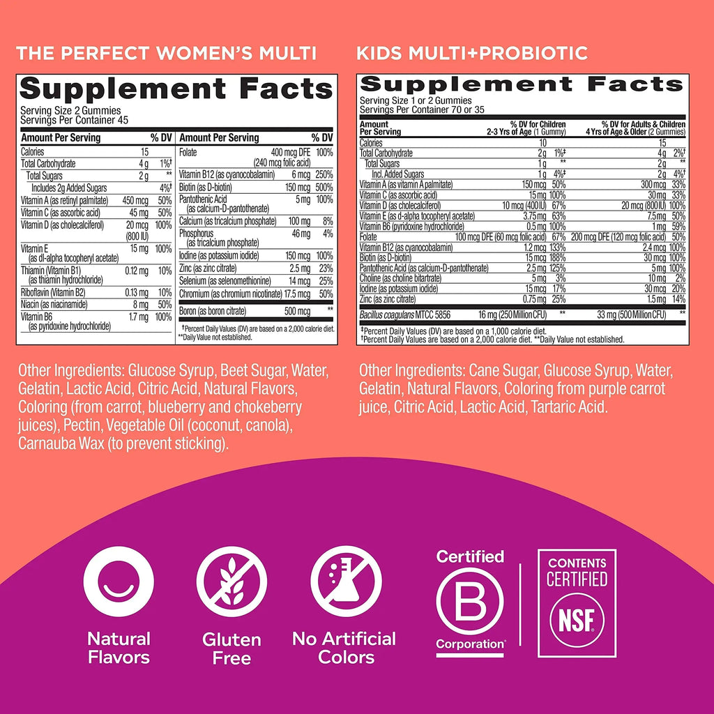 OLLY Gift, Family 2 Pack: Women's Multivitamin Gummy (90 Count), Kids Multivitamin + Probiotic Gummy (70 Count), Vitamins A, D, C, E, B, Chewable Supplement OLLY Au supplements