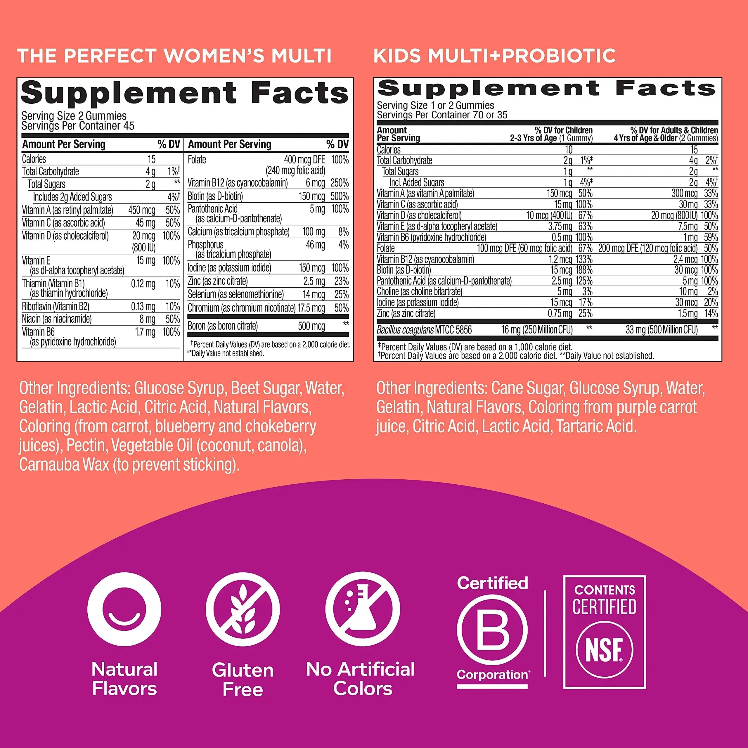 OLLY Gift, Family 2 Pack: Women's Multivitamin Gummy (90 Count), Kids Multivitamin + Probiotic Gummy (70 Count), Vitamins A, D, C, E, B, Chewable Supplement OLLY Au supplements