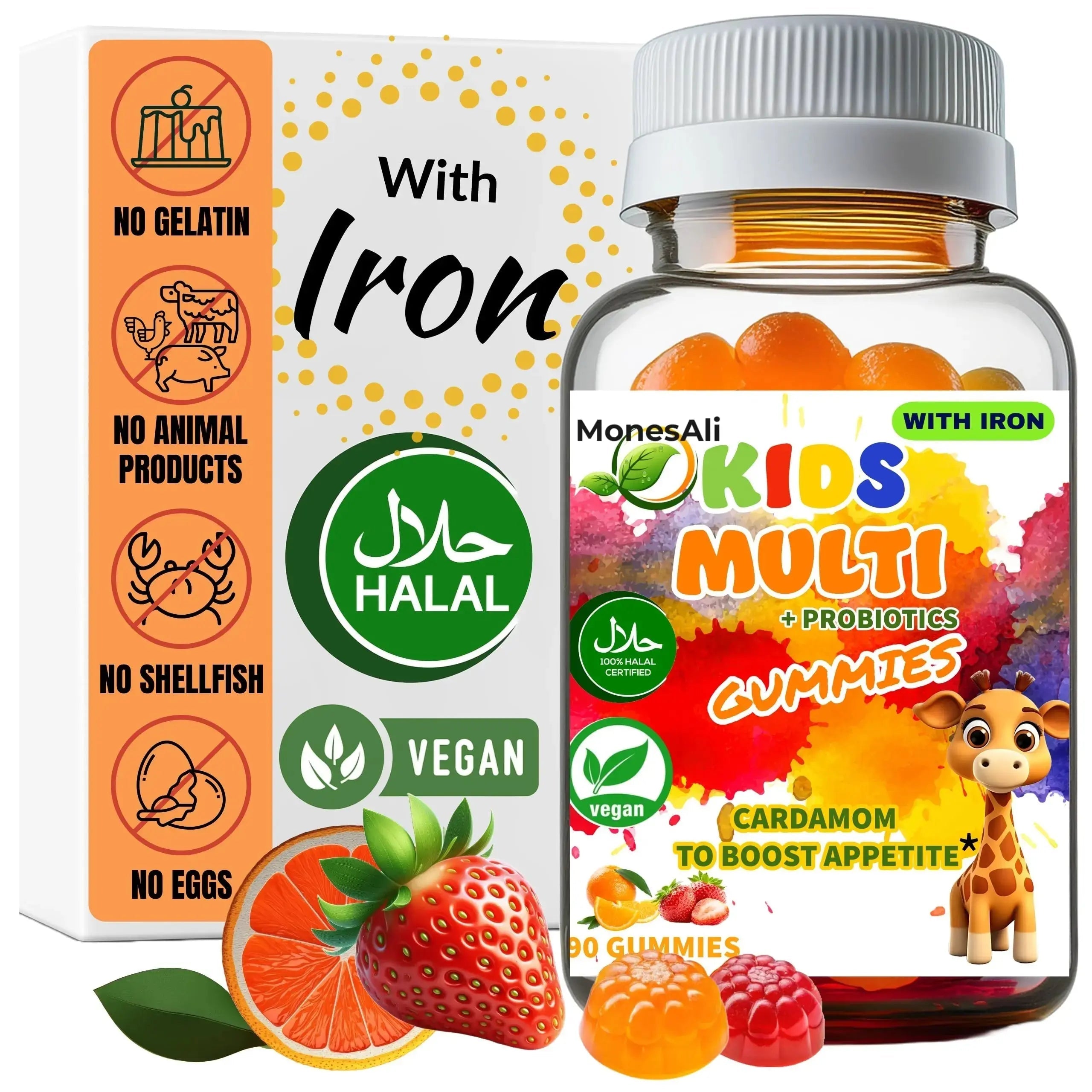 MonesAli Kids Multivitamin Gummies with Iron & Probiotics – Vegan, Gelatin-Free, Halal, Orange & Strawberry Flavors, 90 Count MonesAli Au supplements