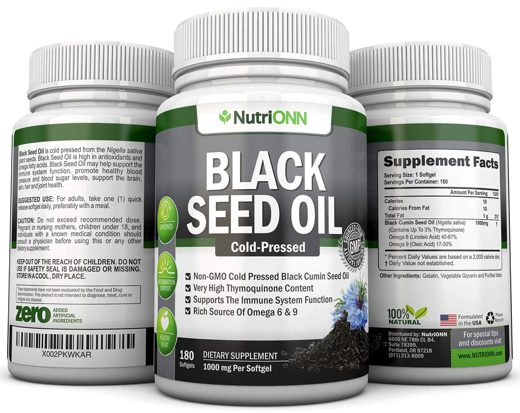 Black Seed Oil - 1000 Mg - 180 Softgels - Cold-Pressed Non-GMO Black Cumin Seed NutriONN Au supplements
