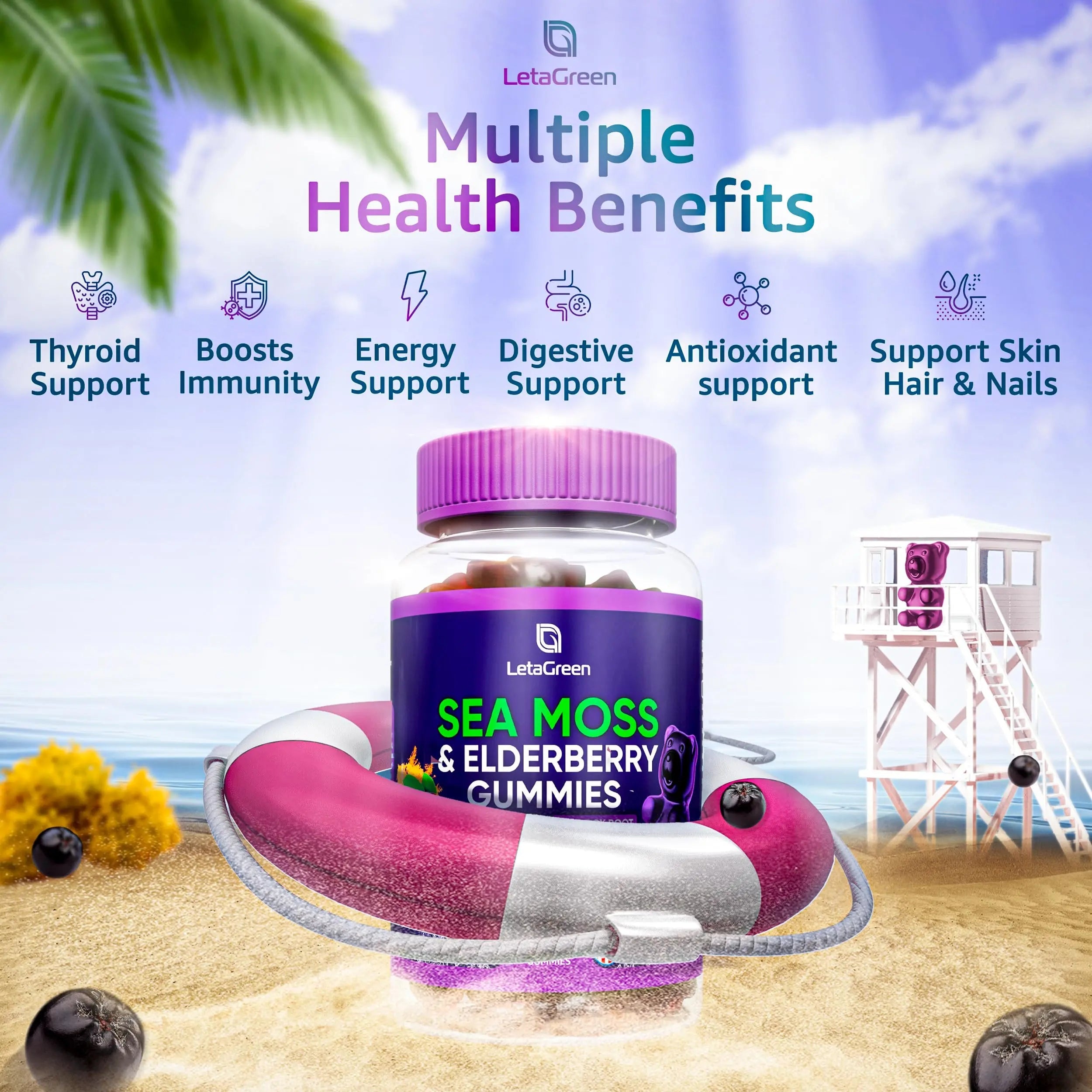 LetaGreen Irish Sea Moss Gummies - 60 Vegan Seamoss Gummies Bears LetaGreen Au supplements