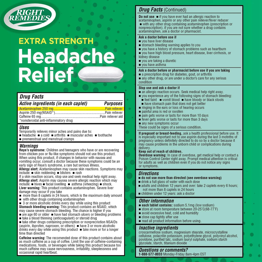 RIGHT REMEDIES Extra Strength Headache Relief with Acetaminophen, Aspirin (NSAID) & Caffeine, (300 caplets), Back & Body Pain Relief, Compare to The Active Ingredients in Excedrin® Extra Strength RIGHT REMEDIES Au supplements