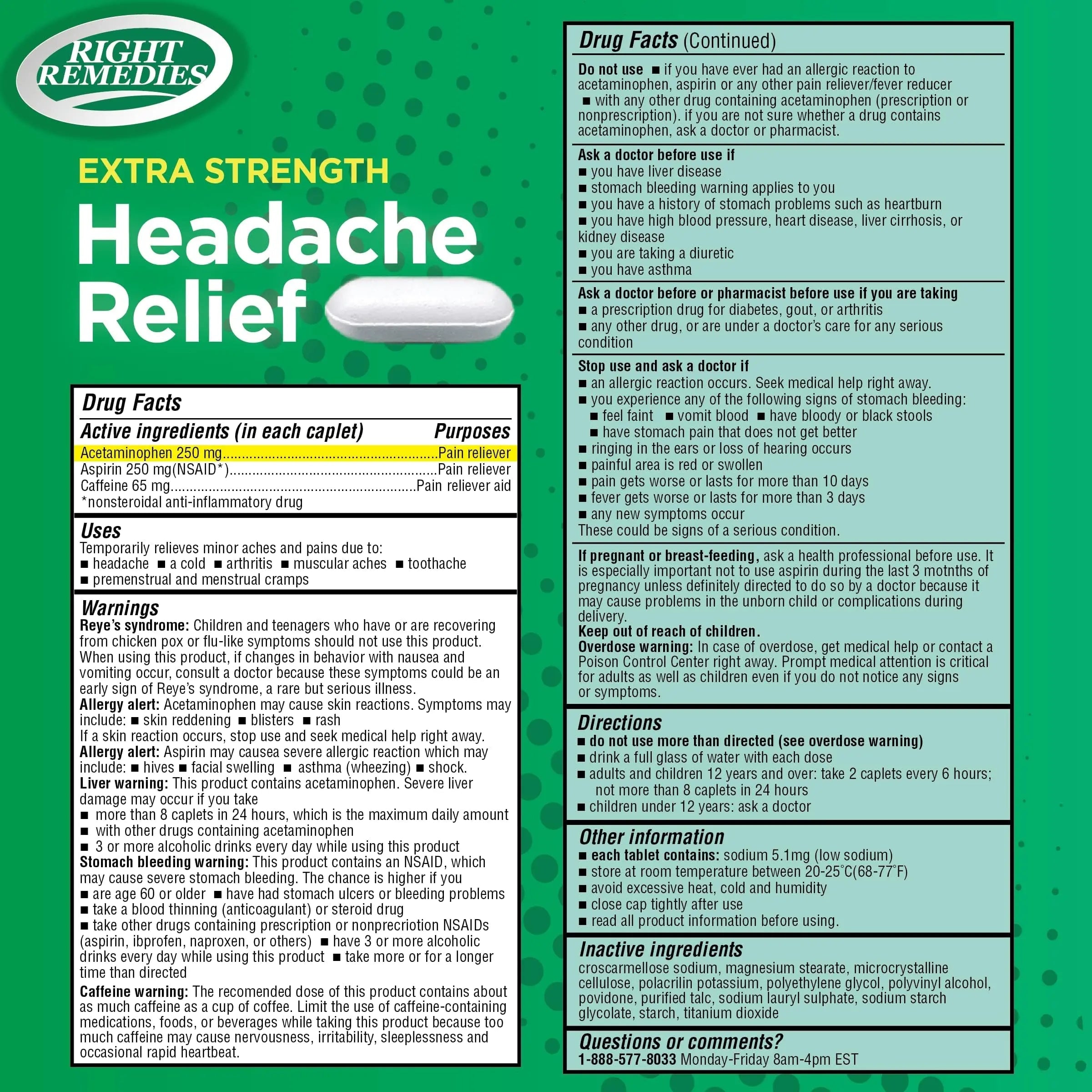 RIGHT REMEDIES Extra Strength Headache Relief with Acetaminophen, Aspirin (NSAID) & Caffeine, (300 caplets), Back & Body Pain Relief, Compare to The Active Ingredients in Excedrin® Extra Strength RIGHT REMEDIES Au supplements