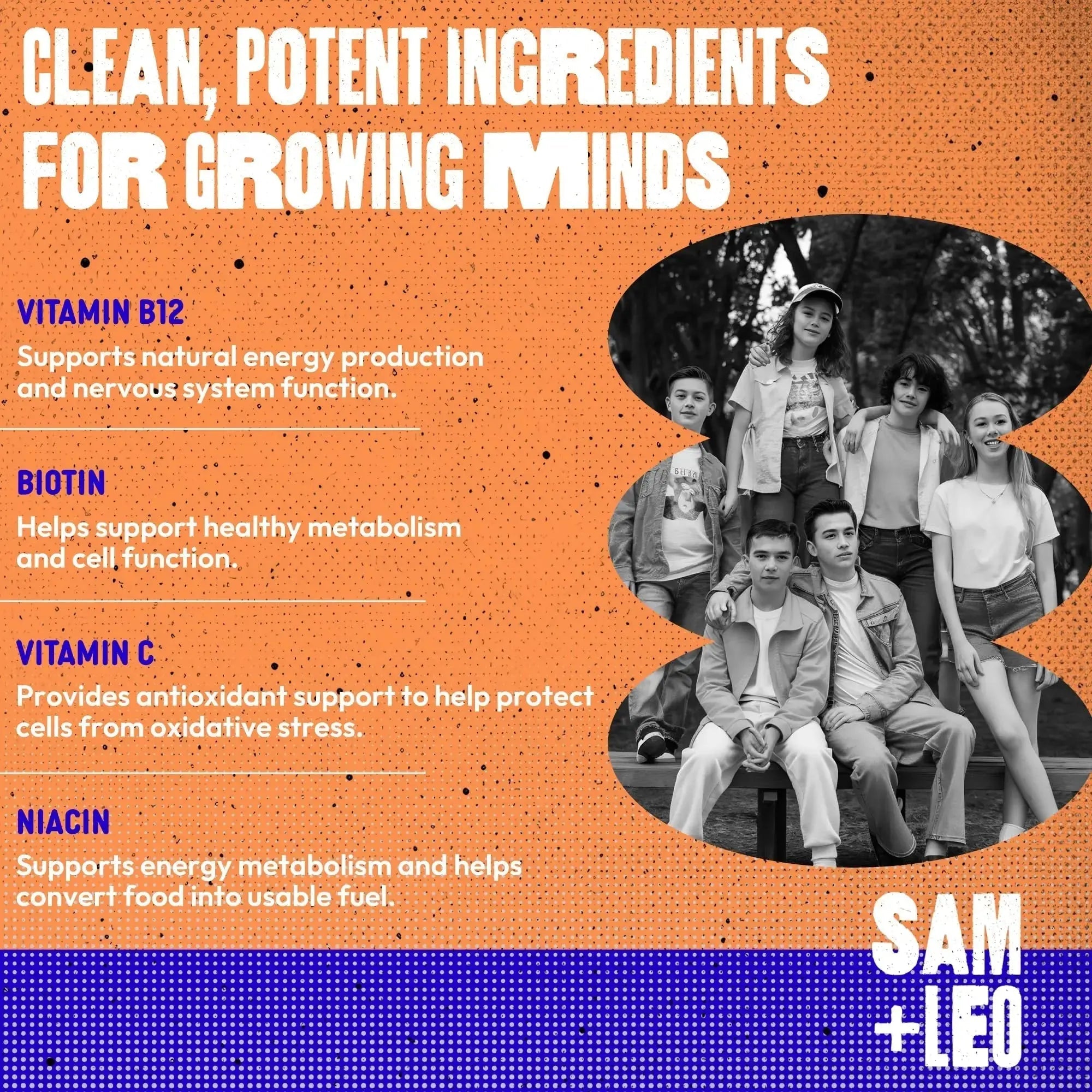 SAM+LEO Vitamin B Complex Gummies with Biotin for Kids & Teens - Caffeine-Free Focus & Energy Support Supplement Gummies | SAM+LEO Au supplements