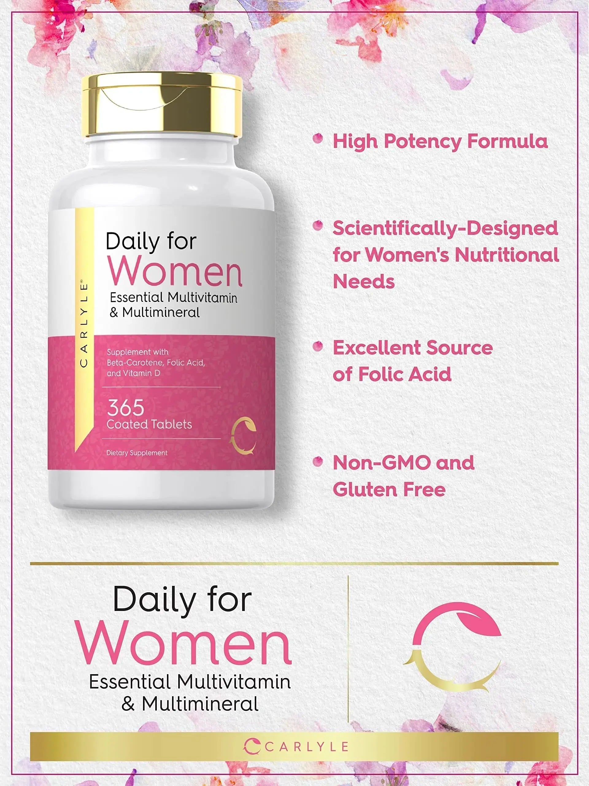 Carlyle Women's Daily Multivitamin and Multimineral Supplement | 365 Tablets | Beta-Carotene, Folic Acid and Vitamin D | Non-GMO, Gluten Free Pills Carlyle Au supplements