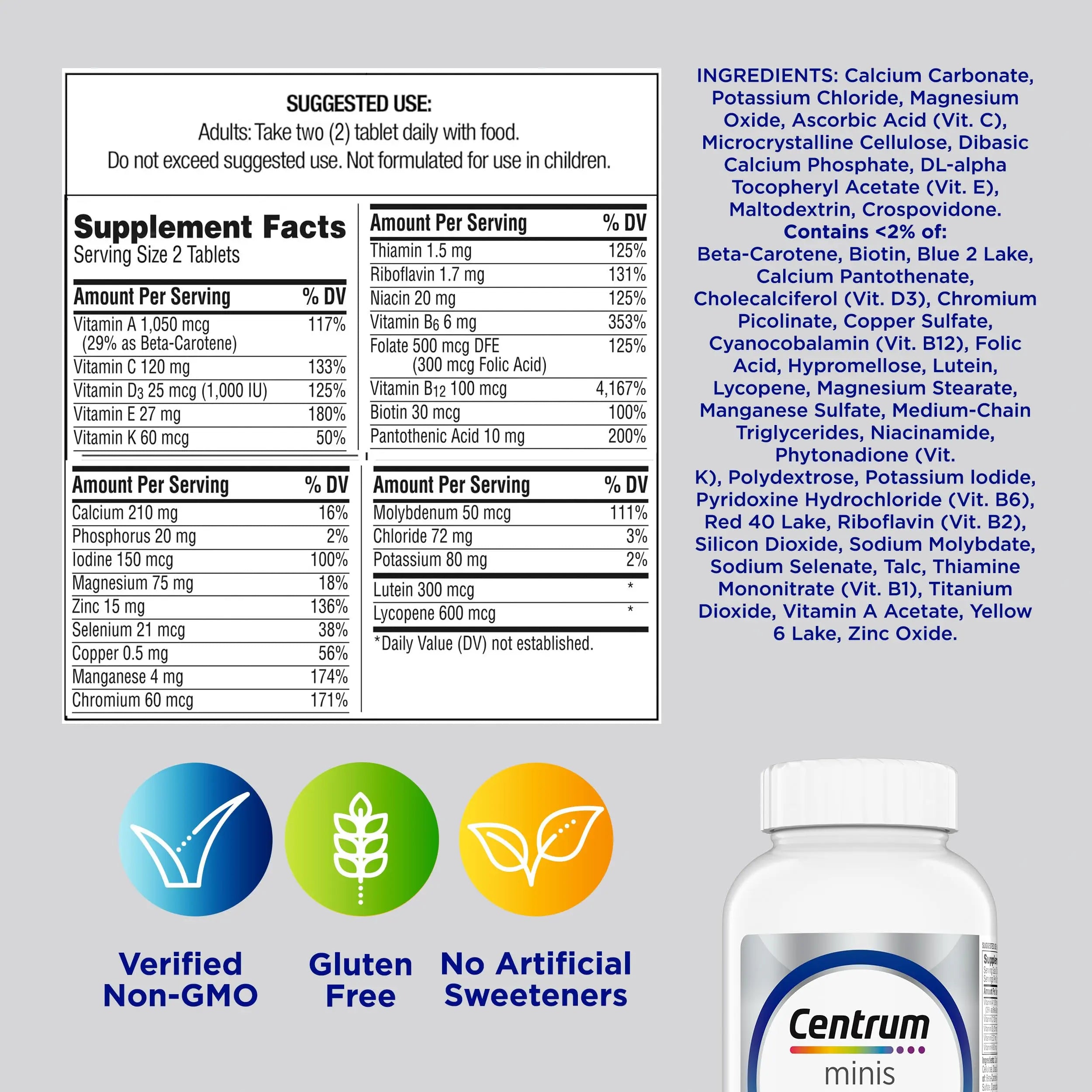 Centrum Minis Silver Multivitamin for Men 50 Plus, Multivitamin/Multimineral Supplement, Vitamin D3, B-Vitamins and Zinc, Non-GMO Ingredients, Supports Memory Centrum Au supplements