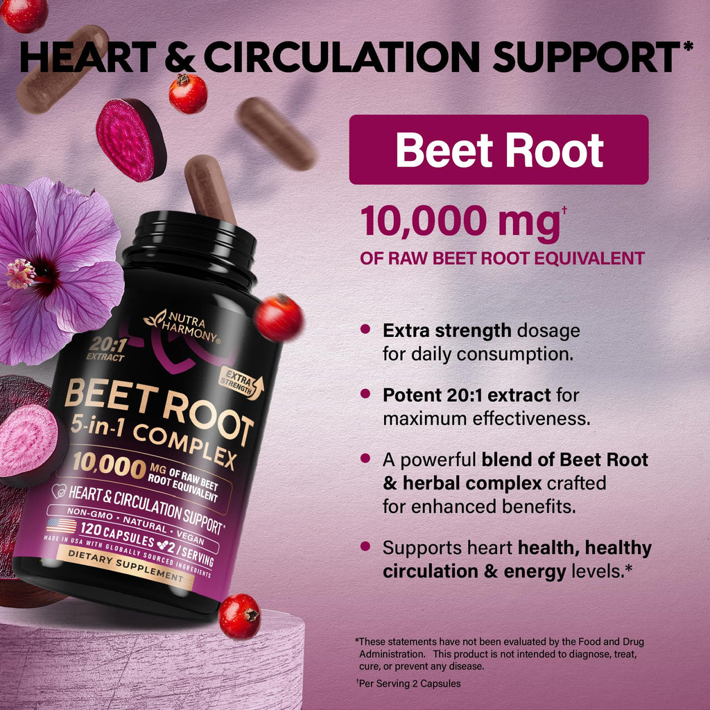 Beet Root 5-in-1 Complex Capsules - Healthy Blood Pressure Support Supplement for Heart & Circulation Support - Olive Leaf, Hawthorn Berry & Hibiscus