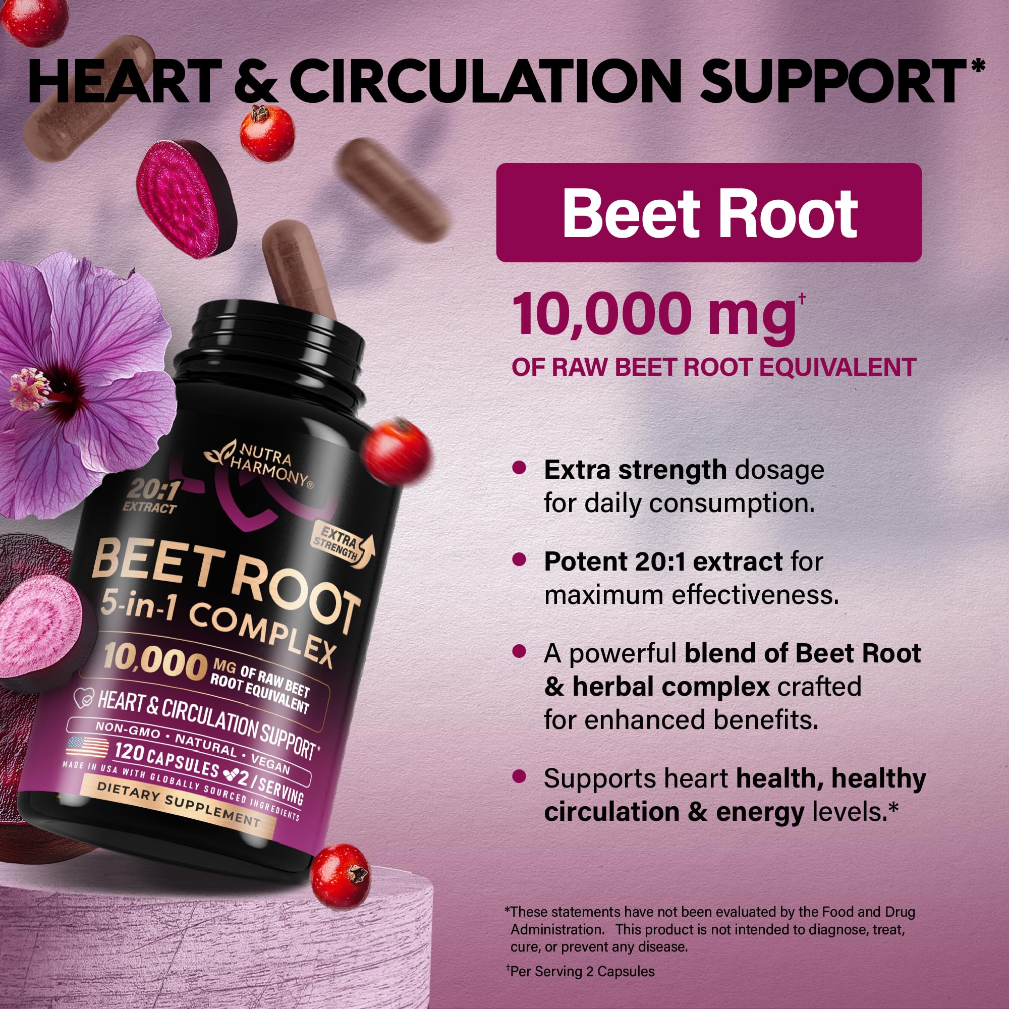 Beet Root 5-in-1 Complex Capsules - Healthy Blood Pressure Support Supplement for Heart & Circulation Support - Olive Leaf, Hawthorn Berry & Hibiscus
