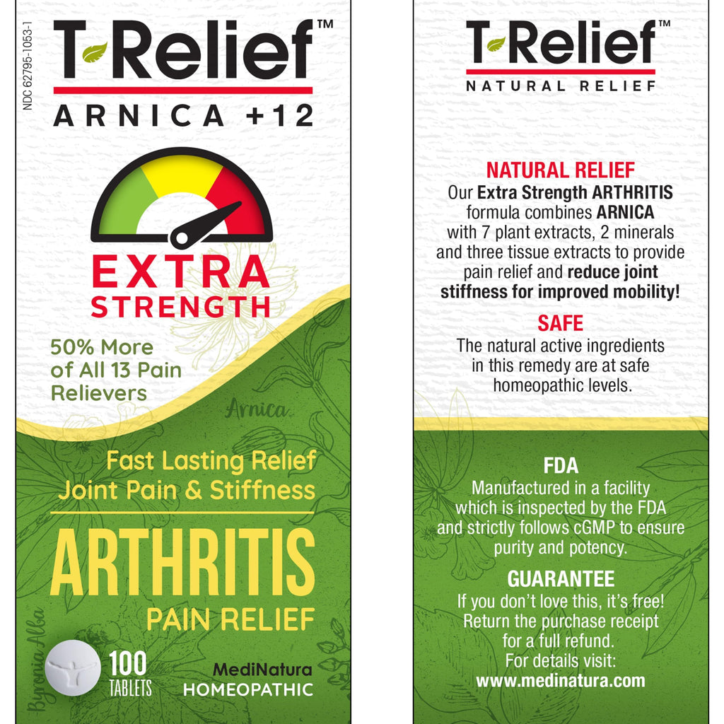T-Relief Extra Strength Arthritis Pain Reliever Arnica +12 Natural Medicines for Joint Soreness Stiffness Aches, Quick Dissolving Pain Relief for Women & Men - 100 Tablets MediNatura Au supplements