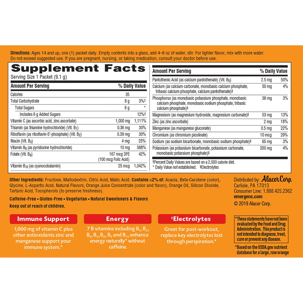 Emergen-C 1000mg Vitamin C Powder for Daily Immune Support Caffeine Free Vitamin C Supplements with Zinc and Manganese