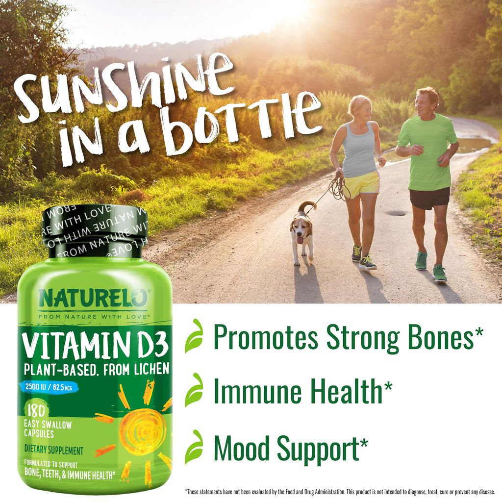 NATURELO Vitamin D - 2500 IU - Plant Based from Lichen - Natural D3 Supplement for Immune System, Bone Support, Joint Health - Vegan