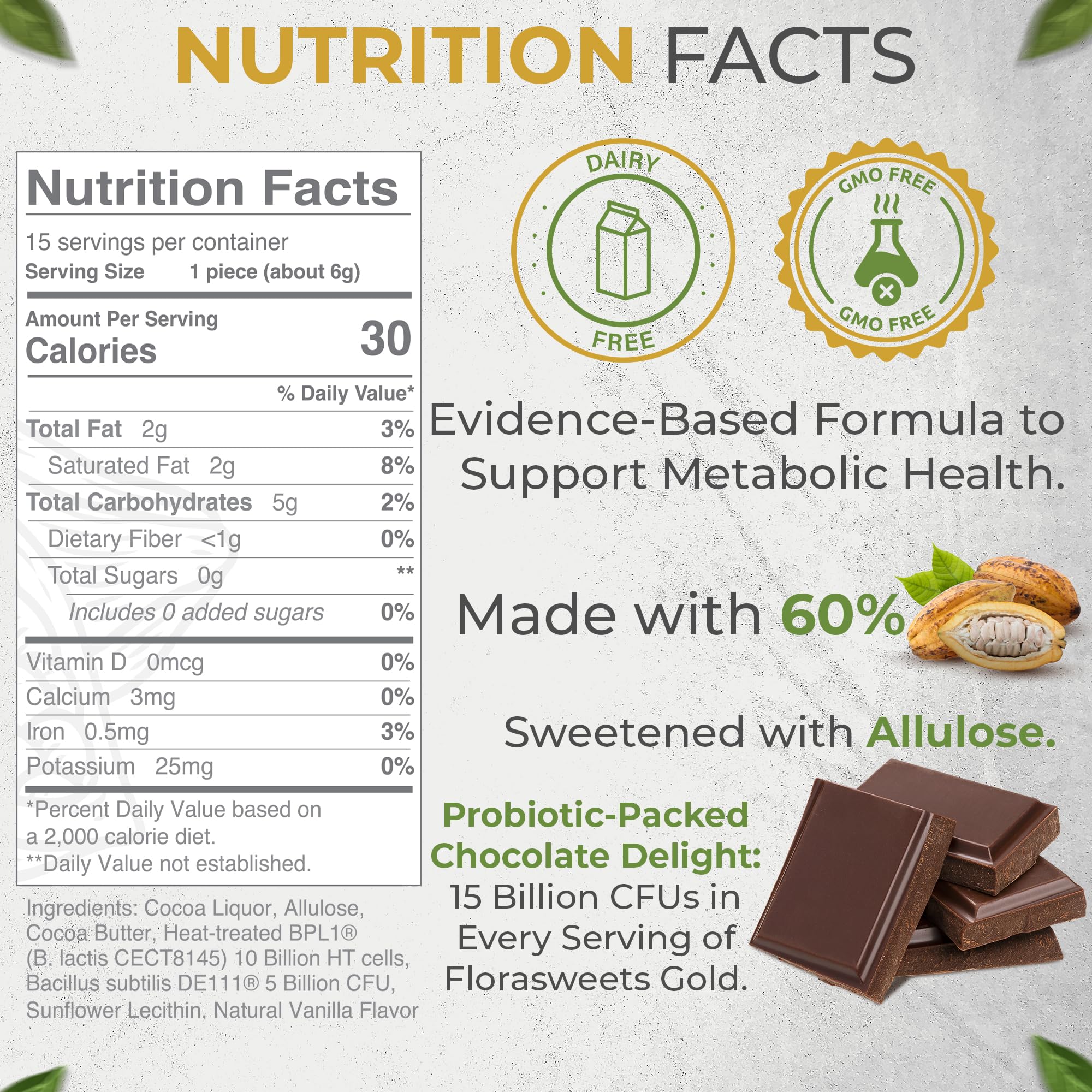 Revival Point Florasweets Gold Chocolate Bites with Probiotic + Postbiotic Stains DE111 & BPL1 - Indivally Wrapped - Supports Digestive & Gut Health Bacillus subtilis (1) Revival Point Au supplements