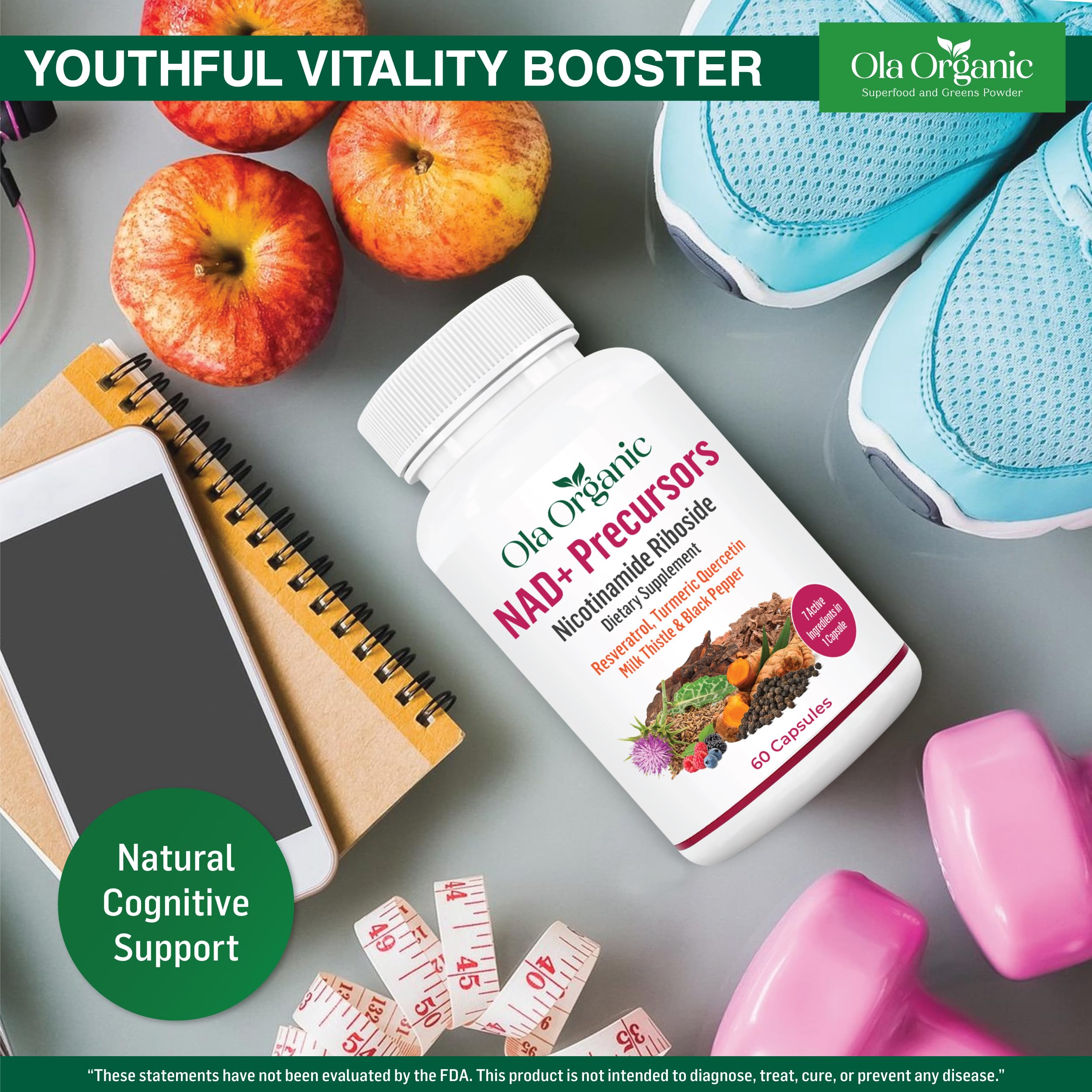 NAD+ Supplement & NAD Booster for Cellular Energy and Healthy Aging – Plant-Based Nicotinamide Riboside (NR) NAD Precursor with Resveratrol, Turmeric, Quercetin, Rhodiola & Milk Thistle – 60 Capsules Ola Organic Au supplements