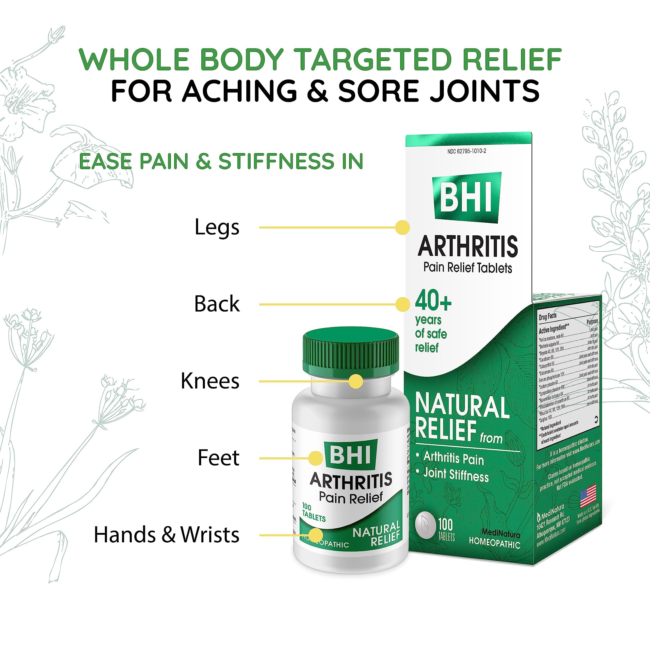 BHI Arthritis Pain Relief Daily Joint Health Support Arnica + 13 Natural Actives Homeopathic Plant & Mineral Blend Helps Relieve Minor Pain & Stiffness in Joints for Women & Men - 100 Tablets MediNatura Au supplements