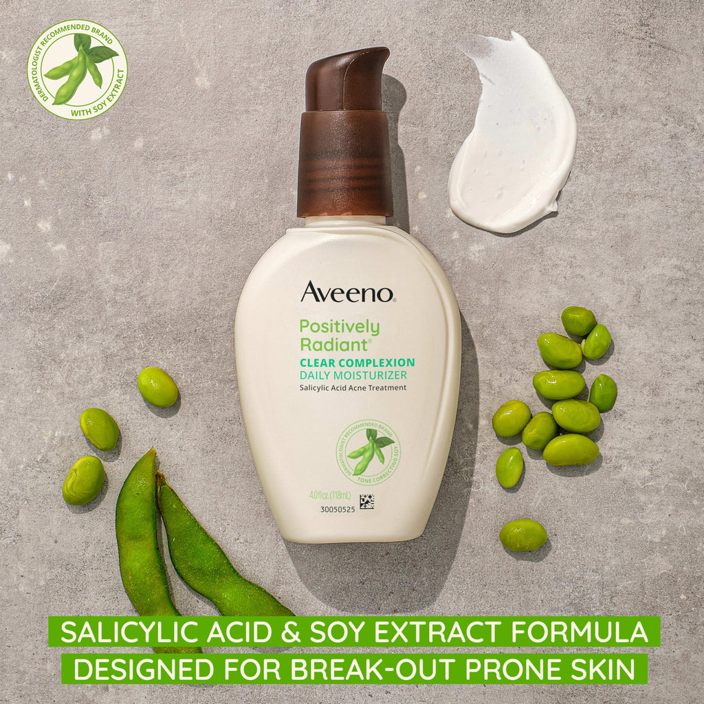 Aveeno Positively Radiant Clear Complexion Face Moisturizer, Acne Facial Moisturizer with Soy and Salicylic Acid for Oily Skin, Hypoallergenic Formula