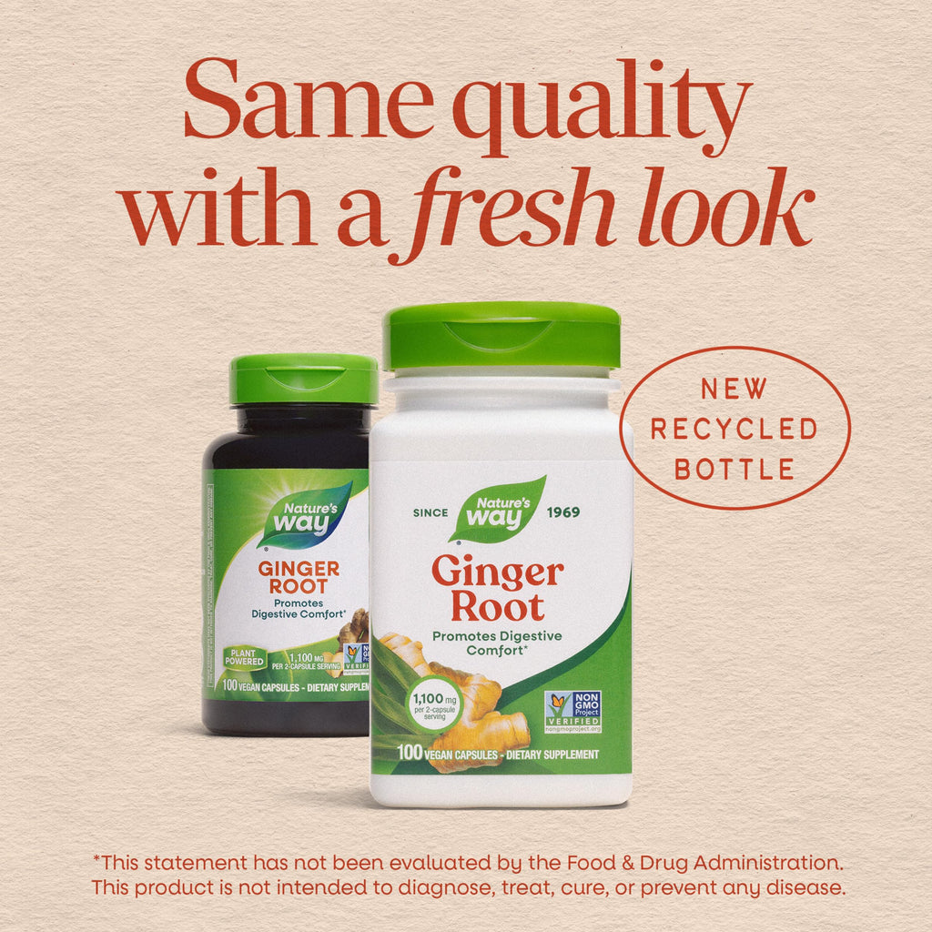Nature’s Way Ginger Root Capsules, 1100 mg per 2-Capsule Serving Ginger Supplement for Digestive Comfort and Motion-Related Nausea Support