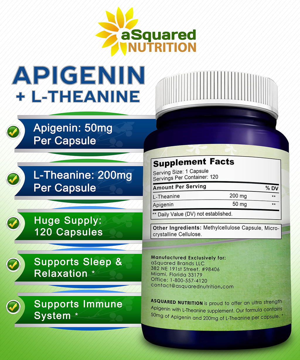 aSquared Nutrition Apigenin 50mg & L-Theanine 200mg - 120 Capsules - Apigenin Supplement Pills for Sleep and Relaxation